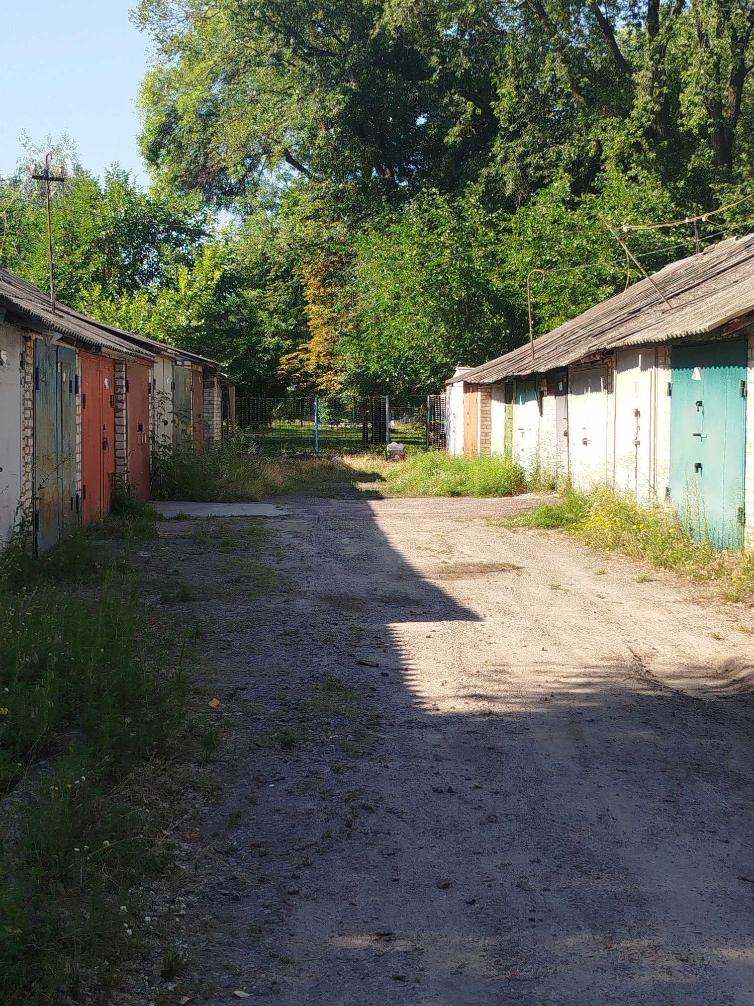 The image depicts a dirt road flanked by rows of garages with corrugated metal roofs and brick or painted facades. The garages on the left are predominantly white and grey with doors in various states of repair and color, including a reddish-orange door and a green door. The garages on the right are mostly white with green doors. Overgrown grass and weeds are present along the sides of the road and in front of the garages, with some yellow wildflowers visible. Tall green trees and foliage form a dense canopy over the scene, suggesting a natural or semi-natural environment within or bordering an urban area. The sky is a clear blue. A metal fence is visible in the background, behind which more trees and some structures can be seen. The scene appears to be a common area for garages in a residential or industrial district.