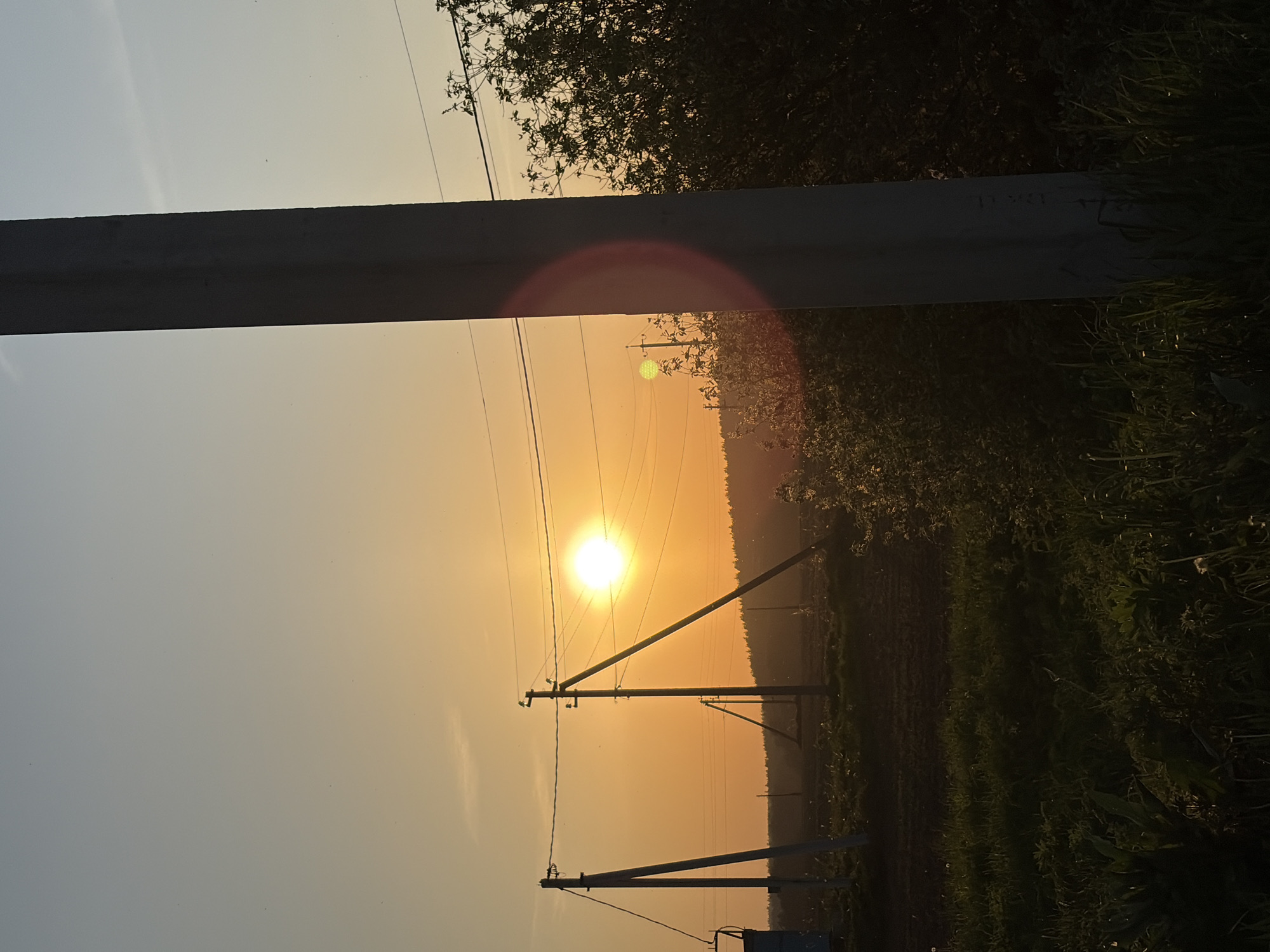 The image shows a landscape at sunrise or sunset in Чумна, Russia. Utility poles extend upwards against an orange sky. The sun is visible between the poles. A green field stretches from the base to the horizon. Vegetation grows on the right side of the image. A horizontal gray beam is partially visible in the top left and right of the frame.
