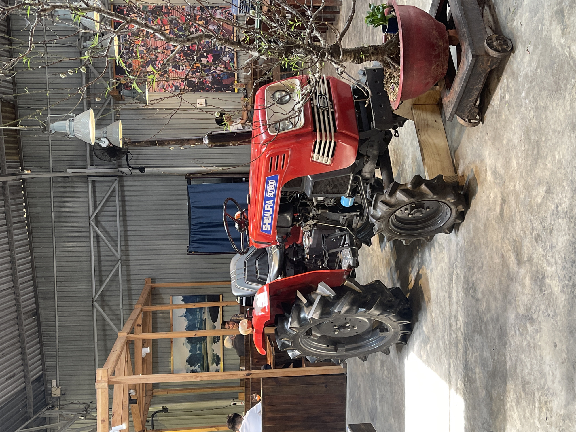 The image depicts a red SHIBAURA SD1800 tractor that is elevated and has a large potted plant placed on the tractor. The location is an indoor space with an industrial ceiling. In the background, there is a mezzanine level with artwork on the wall and people sitting at tables. The setting appears to be Da Lat, Vietnam.