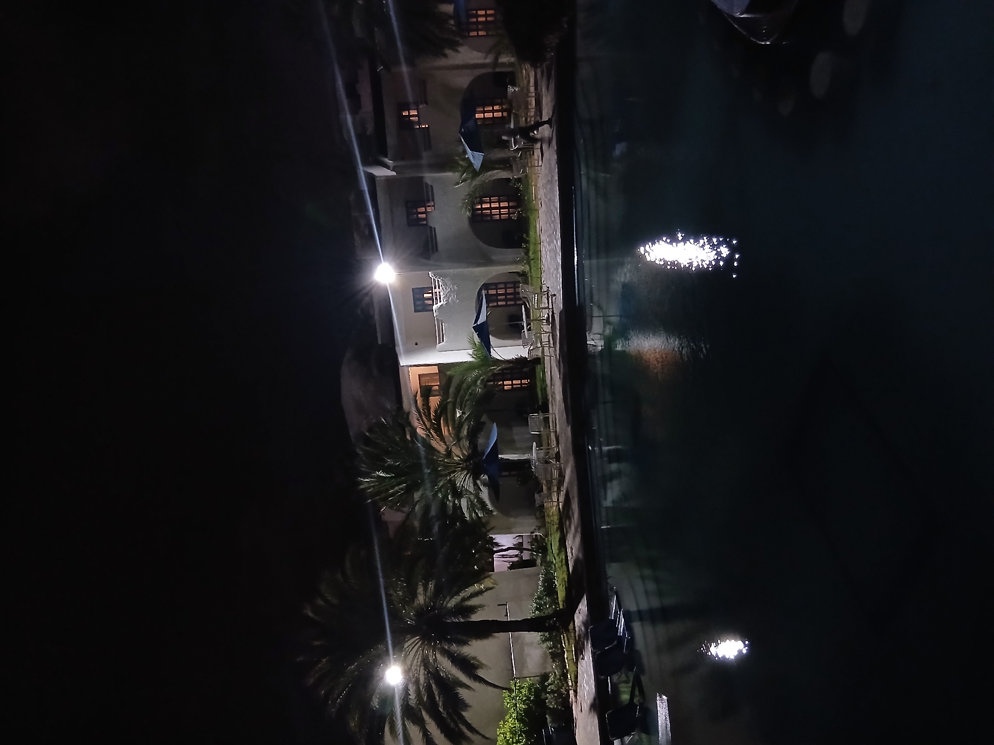 A nighttime outdoor shot reveals a building with multiple lit windows reflecting on a dark body of water. Palm trees are visible in the foreground, illuminated by artificial light. There are tables and umbrellas near the building. The location is possibly Altagracia, Venezuela. The composition is vertical.