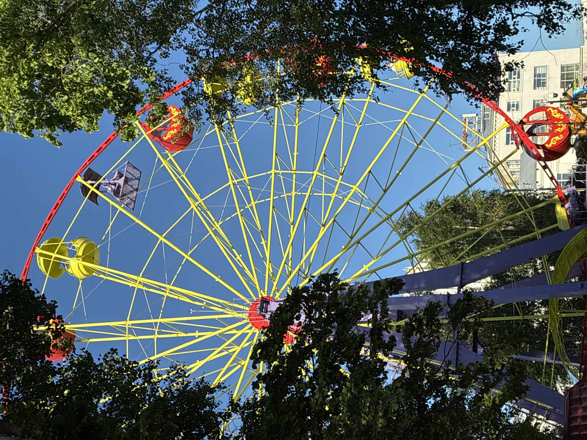 An eye-level, medium shot captures a vibrant Ferris wheel against a clear blue sky, partially obscured by dark green trees. The Ferris wheel's structure is a striking yellow, with a red outer rim. Several gondolas are visible, painted in bright red and yellow, some with decorative gold accents. A purple support tower anchors the wheel. In the background, a white building with multiple windows is visible, suggesting an urban park or amusement area. No people are clearly visible within the Ferris wheel or on the ground. The scene is illuminated by bright sunlight, casting subtle shadows.