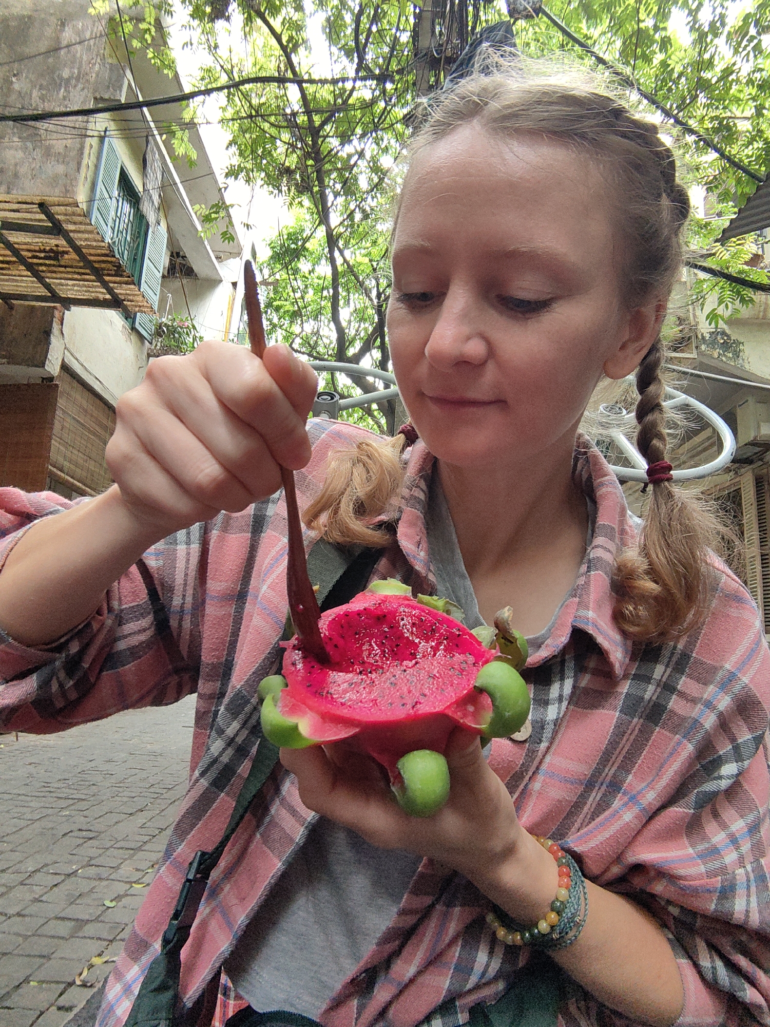 A young woman with light brown hair styled in two braids, secured with red elastic bands, is depicted in an outdoor urban setting. She is wearing a pink, grey, and black plaid long-sleeved shirt over a grey t-shirt. On her right wrist, she wears multiple bracelets, including beaded ones in earthy tones (greens, oranges, yellows) and a woven blue-grey one.
The woman is holding a vibrant pink dragon fruit, which has green scales, in her left hand. She is actively scooping out the fruit's flesh with a wooden spoon held in her right hand, her gaze directed downwards towards the fruit with a focused and contented expression. The dragon fruit appears ripe and juicy, with its characteristic small black seeds visible within the bright pink flesh.
The background reveals a densely packed urban environment, characteristic of Hà Nội, Vietnam. Faded, light-colored buildings with traditional-style windows and blue-shuttered frames are visible. An awning or corrugated roof structure is present on the left. Overhead, a tangle of electrical wires and lush green tree foliage creates a dappled light effect, suggesting bright daylight. The ground beneath her is paved with interlocking grey and brown bricks. No visible text is present in the image.