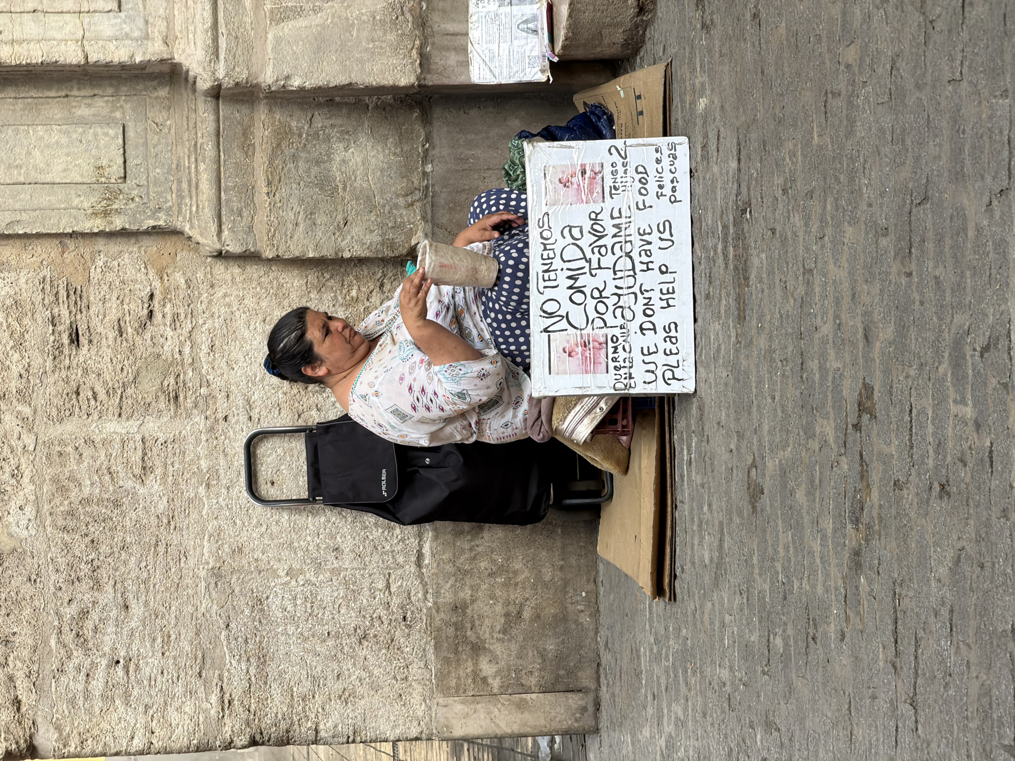 A woman sits on the ground in front of a stone wall, holding a cup. A shopping cart is behind her to the left. A sign in front of her reads "NO TENEMOS COMIDA POR FAVOR AYUDAME WE DONT HAVE FOOD PLEAS HELP US" in English and Spanish, with "Felices pascuas" also written. She is wearing a patterned shirt and blue polka dot pants. The ground is paved with cobblestones.