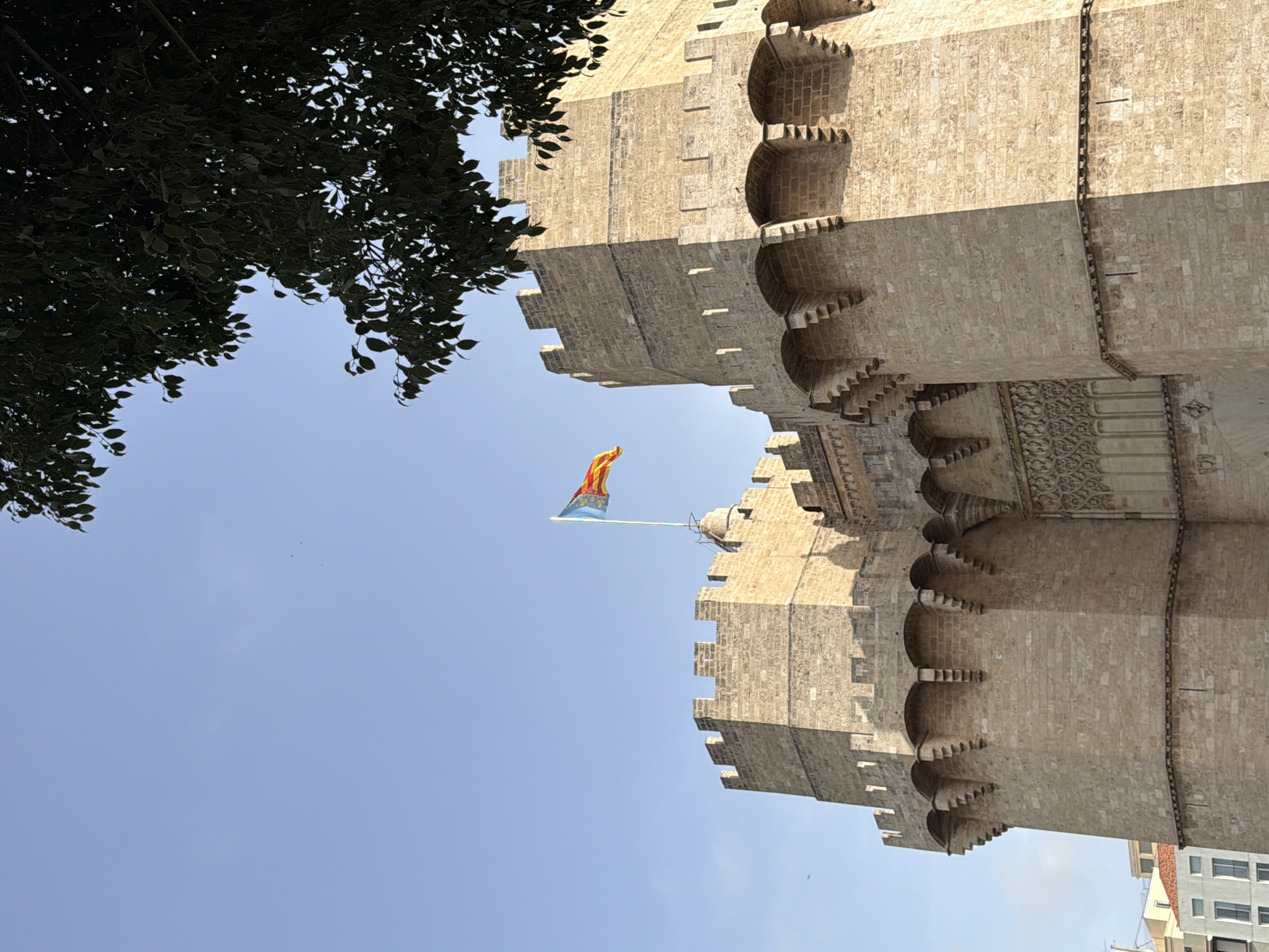 The image shows a section of a large, fortified stone building with crenellated battlements and arched detailing. A flag, with yellow and red stripes and a blue and yellow emblem, flies from a flagpole atop the structure. In the upper right corner, the dark green leaves of a tree overhang the scene against a clear blue sky. In the background, to the left, a portion of a modern building with white walls and grey-trimmed windows is visible. The sun casts shadows on the stone structure, indicating it is daytime.