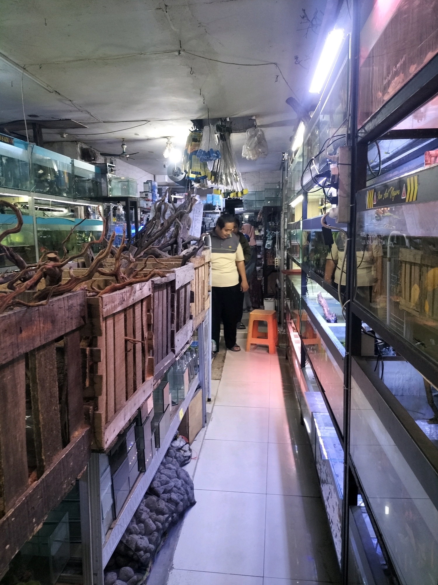 The image depicts the interior of an aquarium shop located in Malang, Indonesia. The narrow aisle is lined with shelves filled with various aquarium tanks and supplies on both sides. On the left, wooden crates filled with driftwood are prominently displayed, with more aquariums visible behind them. On the right, a tall metal shelving unit holds numerous glass tanks, some containing fish and aquatic plants. Fluorescent lighting illuminates the space. In the foreground, a person wearing a light-colored polo shirt and dark pants stands on the tiled floor, near an orange stool. Further down the aisle, other individuals can be seen browsing the merchandise. The overall impression is of a busy retail environment specializing in aquatic life and supplies.