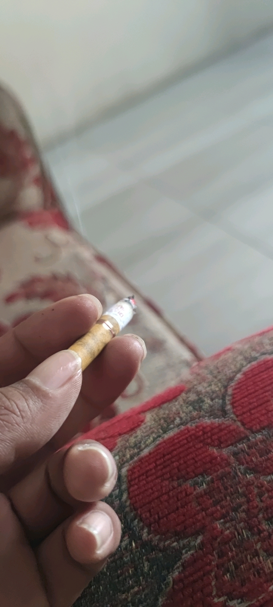 A close-up shot shows a person's hand holding a lit cigarette. The cigarette is a standard size with a light brown wrapper and a white filter. The tip of the cigarette is glowing red, indicating it is burning. Wisps of smoke rise from the cigarette. The hand holding the cigarette has visible fingernails, and the skin appears to be lightly tanned. The background is blurred, but suggests a patterned fabric, possibly upholstery from furniture. The lighting is soft and appears to be coming from above. The image does not provide any specific details about the location within Gambarsari, Indonesia.