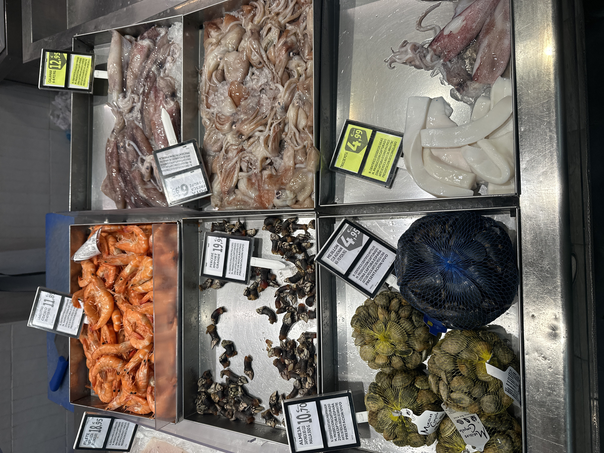 This image captures a well-stocked seafood display counter, likely within a supermarket or fish market in Oviedo, Spain. The setting features various types of seafood neatly arranged in stainless steel trays, some resting on ice, all presented for sale.
In the upper left tray, whole squid ("Calamar") are displayed on ice, priced at €12.95 per kilogram. Adjacent to it, a large quantity of smaller flying squids ("Pota Fresca") are visible, also on ice, with a price of €6.95 per piece/kilogram for 1-3 kg sizes. To the right, more squid is shown, with a section of processed squid strips ("Tiras de Pota") priced at €4.99.
The bottom row features cooked prawns ("Langostino Cocido") in a tray, with a price of €11.85 for 30-40 pieces per kilogram. Next to the prawns are numerous goose barnacles ("Percebe Import Grande"), indicating they are imported and large, priced at €19.95. Further right, a variety of shellfish is presented: clams ("Almeja Japónica") in yellow mesh bags labeled "MARISCOS Campelo," priced at €10.70 for a 500g bag, and mussels ("Mejillón CLB Auchan") in a black mesh net, priced at €4.95 for 60-70 pieces per kilogram. A partial view of a label for "Filete Merluza Descongelado" (defrosted hake fillet) with a price of €18.95 is also visible at the bottom left.
Each product features a detailed pricing label, prominently displaying the price in Euros, the product name in Spanish, its scientific name, production method (e.g., captured), origin or capture zone (e.g., Atlantic, Pacific, Spain), fishing gear used, and presentation type (e.g., fresh, defrosted, alive). The Spanish language throughout the labels, combined with Euro pricing, strongly indicates the retail environment is in Spain, consistent with the provided location context of Oviedo. The display appears clean and organized, with a focus on providing comprehensive information about the seafood to consumers.