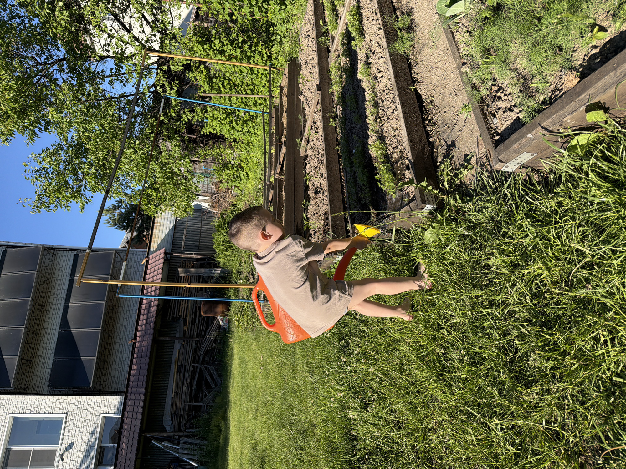 In Khabarovsk, Russia, on a sunny day, a young boy is tending a garden. He is barefoot and wearing a light brown t-shirt and shorts. He holds an orange watering can and a yellow tool, possibly a trowel or a small shovel, and appears to be working on a raised garden bed. The garden is situated in a yard with lush green grass. In the background, a multi-story building with white brickwork and dark windows stands next to a wooden shed filled with lumber and a rusty barrel. Trees and other foliage surround the area, indicating a rural or suburban setting. The overall scene depicts a peaceful, domestic activity in an outdoor environment.