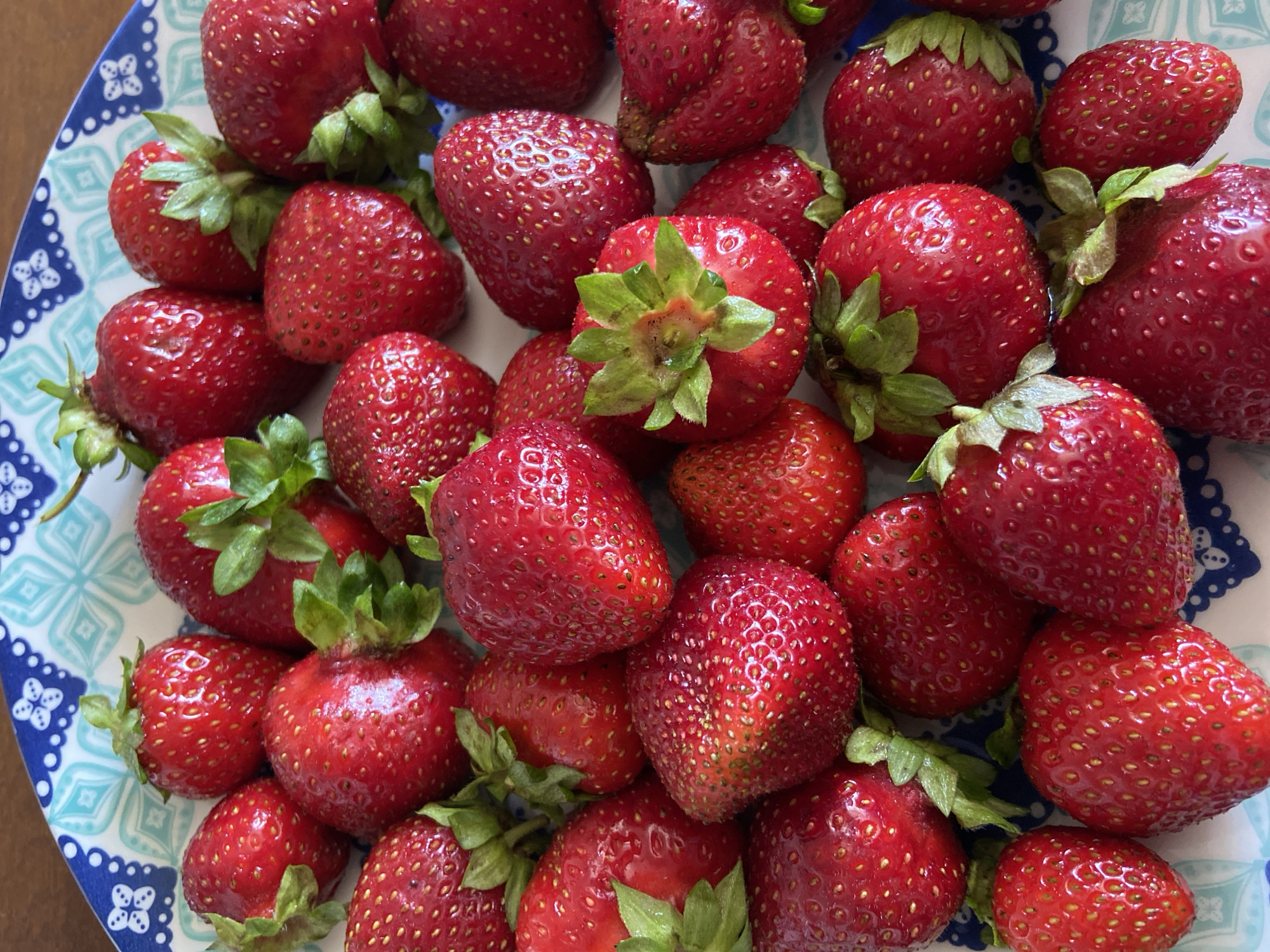This media file is a close-up, overhead shot of a pile of fresh, ripe strawberries on a decorative plate. The strawberries are a vibrant red, with visible seeds and green leafy tops. They are clustered together, with some overlapping, creating a rich texture. The plate has a blue and white patterned rim with a repeating geometric design. The lighting suggests it is daytime, and there are no indications of weather conditions or a specific time of day beyond that. The scene is domestic, likely a kitchen or dining area. There is no visible text in the image. The focus is entirely on the appetizing appearance of the strawberries, suggesting a context of food preparation or enjoyment.