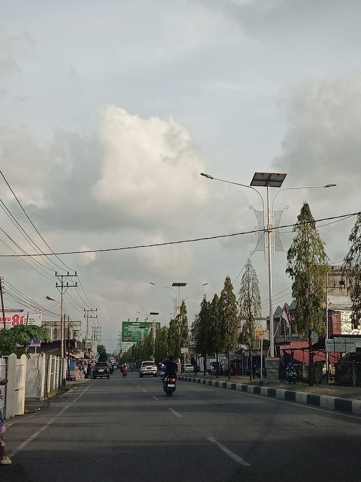 The image depicts a street scene in Lampeudeu Tunong, Indonesia, under an overcast sky. The road, paved with asphalt and featuring white lane markings, is lined with businesses and residential buildings on both sides. Several vehicles, including cars and motorcycles, are visible on the road, with some in motion. A few individuals are present, walking on the sidewalks or riding the motorcycles. Tall, slender trees with dense green foliage are planted along the roadside, interspersed with streetlights. Power lines crisscross the sky, supported by utility poles. Various signs and advertisements are displayed on the buildings. The overall atmosphere suggests a typical day in a moderately busy urban or suburban area.