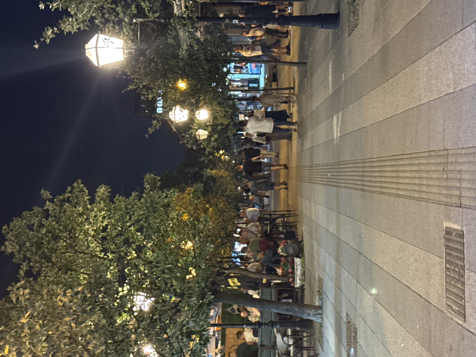 The image depicts a nighttime scene on a pedestrian walkway lined with trees and outdoor seating for cafes or restaurants. A group of people are walking and seated, engaged in various activities. The walkway is paved with large, rectangular stones, and there are streetlights illuminating the area. To the left, an outdoor seating area with tables and chairs is visible, with patrons seated and conversing. Several trees with illuminated foliage are planted along the walkway. In the background, buildings and more streetlights are visible. The overall impression is a lively urban environment at night. Based on the context provided, this scene is located in Ilidža, Bosnia and Herzegovina.