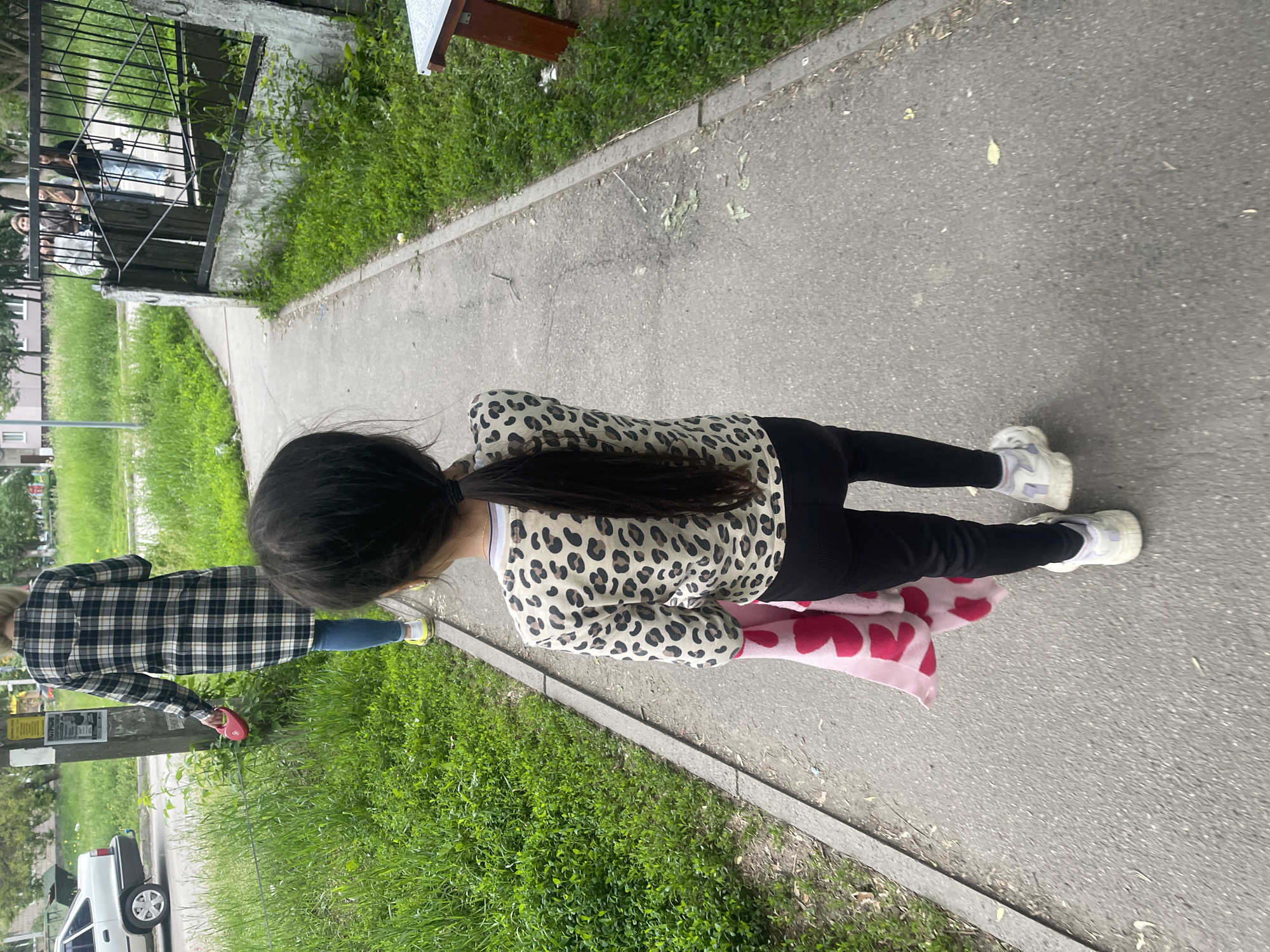 This image provides an overhead, slightly angled view of two individuals walking on a paved pathway in Poltava, Ukraine. The perspective suggests the photograph was taken by someone walking just behind and slightly above the subjects.
In the foreground, a child, likely a girl with long dark hair tied in a ponytail, is seen from behind. She is dressed in a light-colored long-sleeve top with a distinctive leopard print pattern, black leggings, and white sneakers. She carries a pink item, possibly a blanket or fabric, adorned with multiple red heart shapes, held in front of her.
Ahead and to her left, an adult, presumably a woman with light hair, is also viewed from behind and slightly to the side. She wears a long, black and white plaid shirt, blue jeans, and bright yellow-green athletic shoes. Her right hand holds a red retractable dog leash, which extends downwards, indicating a dog is being walked, although the animal itself is not visible in the frame.
The paved path is bordered by a strip of lush green grass on both sides, separated by a dark curb. Beyond the grassy area to the left, a portion of a white car is visible, parked alongside what appears to be a street. A utility pole with an attached white flyer or advertisement stands next to the car, though the text on it is illegible. In the far background, behind a dark metal and wooden fence, several blurry figures of other people and distant buildings can be discerned.
The scene takes place during the daytime, likely under an overcast sky, as no distinct shadows are cast. It captures a mundane moment of walking along a public path in an urban or suburban environment.