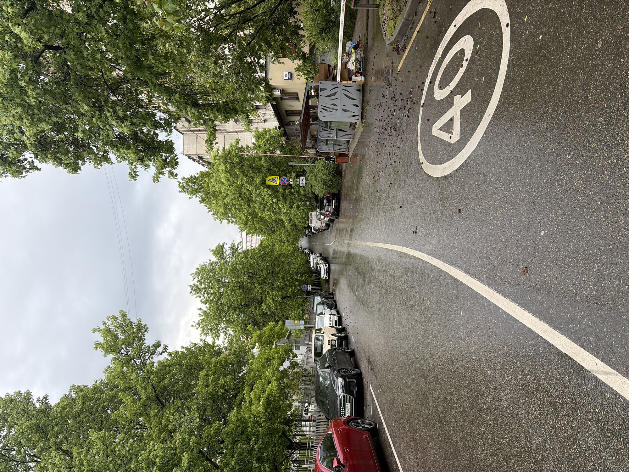 The image depicts a rainy street in Sochi, Russia. The road curves gently to the left and has a speed limit sign of 40 km/h painted on the asphalt. A solid white line marks the edge of the road. Cars are parked along the left side of the street, near a fence and a line of trees. A bus stop is visible further down the road. The sky is overcast.