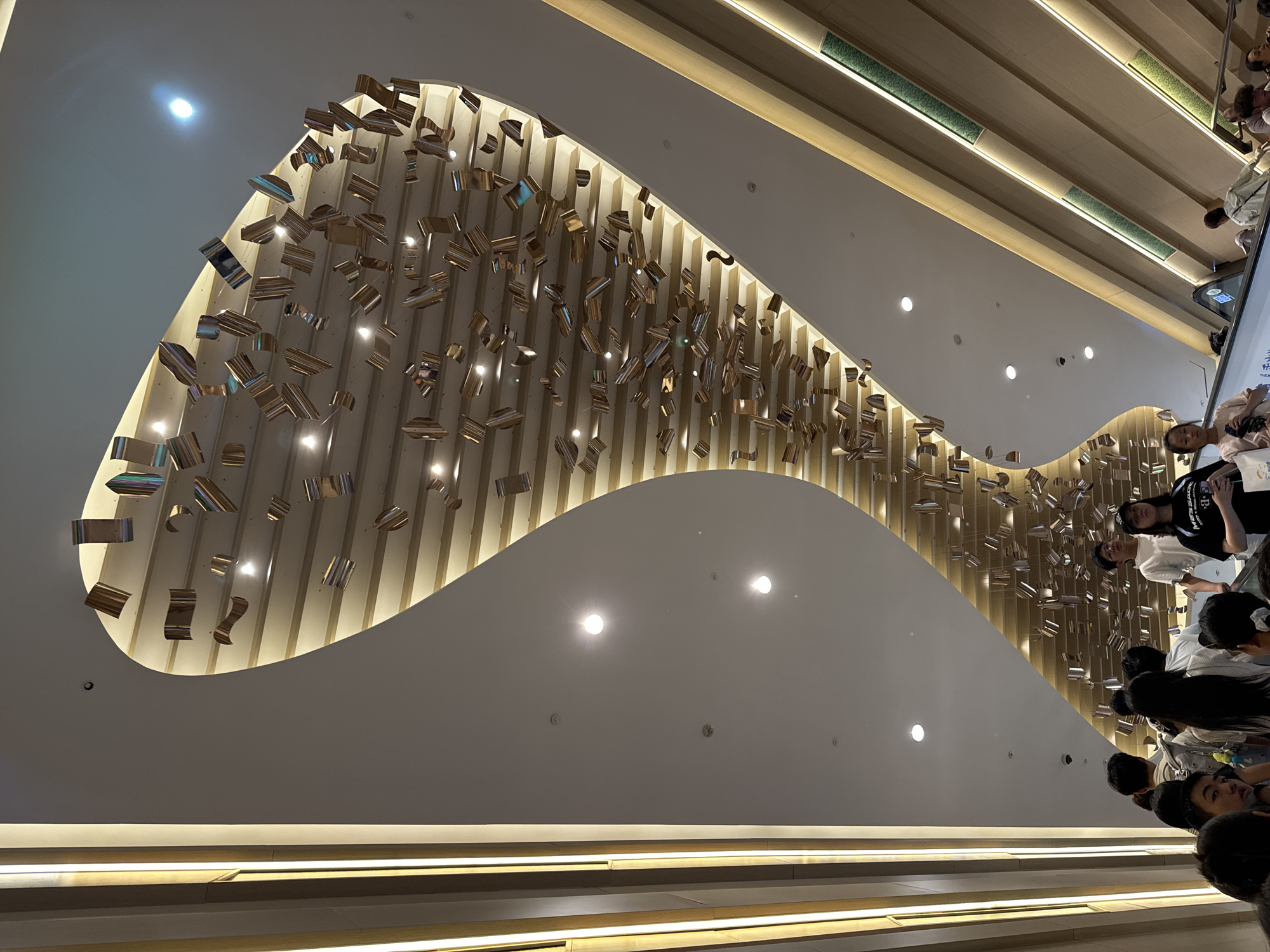 The image captures the interior of a modern shopping mall, specifically in Liangjiang, China. The focal point is the ceiling, which features a dramatic, wave-like architectural design with horizontal wooden slats and recessed lighting. Suspended from this ceiling is an artistic installation composed of numerous small, reflective metallic objects, resembling pages of books or abstract shapes, scattered in a dynamic, voluminous display.
Below the ceiling, a group of people are visible, primarily on escalators. They appear to be shoppers or visitors navigating the multi-level space. Their attire is casual, typical of a public leisure setting. Some individuals are looking upwards, presumably admiring the ceiling art and architecture, while others are engaged in conversation or focused on their descent/ascent on the escalators. The lighting is a mix of bright, focused spotlights on the ceiling, soft ambient light from the recessed fixtures, and warm, linear lighting integrated into the wooden architectural elements on the walls. The overall impression is one of a contemporary, well-lit, and visually engaging commercial space.