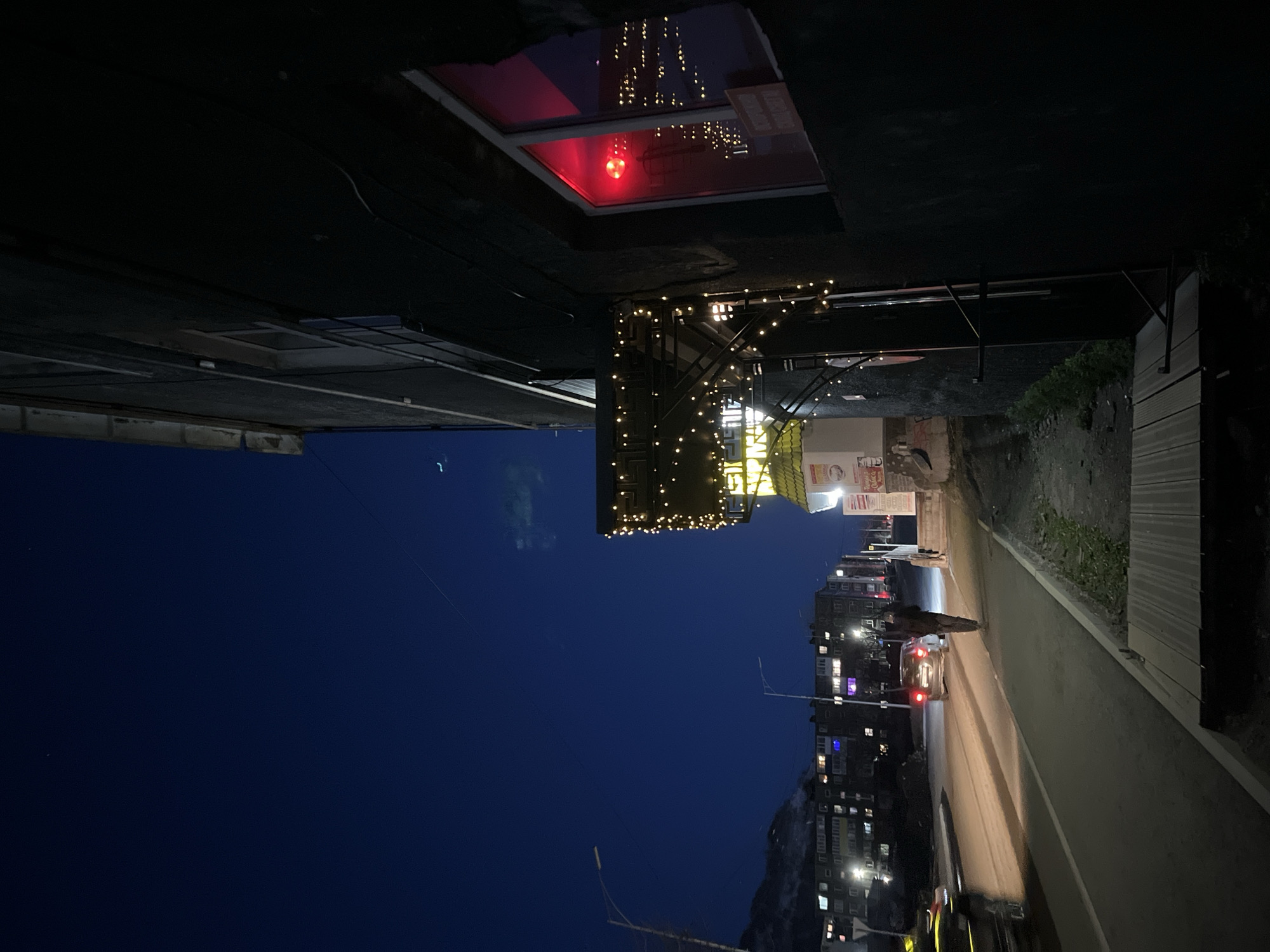 The image shows a nighttime scene in what appears to be a city street. The sky is dark blue. Buildings line the street, some illuminated by interior lights. A road stretches into the distance, with cars visible and a pedestrian walking along the side. Streetlights illuminate the roadway. A building overhangs part of the street, decorated with string lights. The location is Petropavlovsk-Kamchatsky, Russia, though specific markers are not readily apparent in the image.