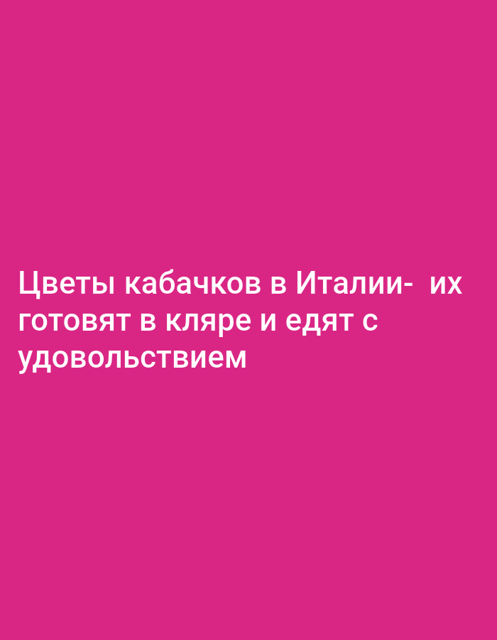 The image is a graphic design with white text on a solid pink background. The text reads "Цветы кабачков в Италии- их готовят в кляре и едят с удовольствием". This translates to "Zucchini flowers in Italy - they are prepared in batter and eaten with pleasure." There are no people, objects, or any discernible elements related to the city of Bitonto, Italy. The image is purely textual information presented against a colored backdrop.