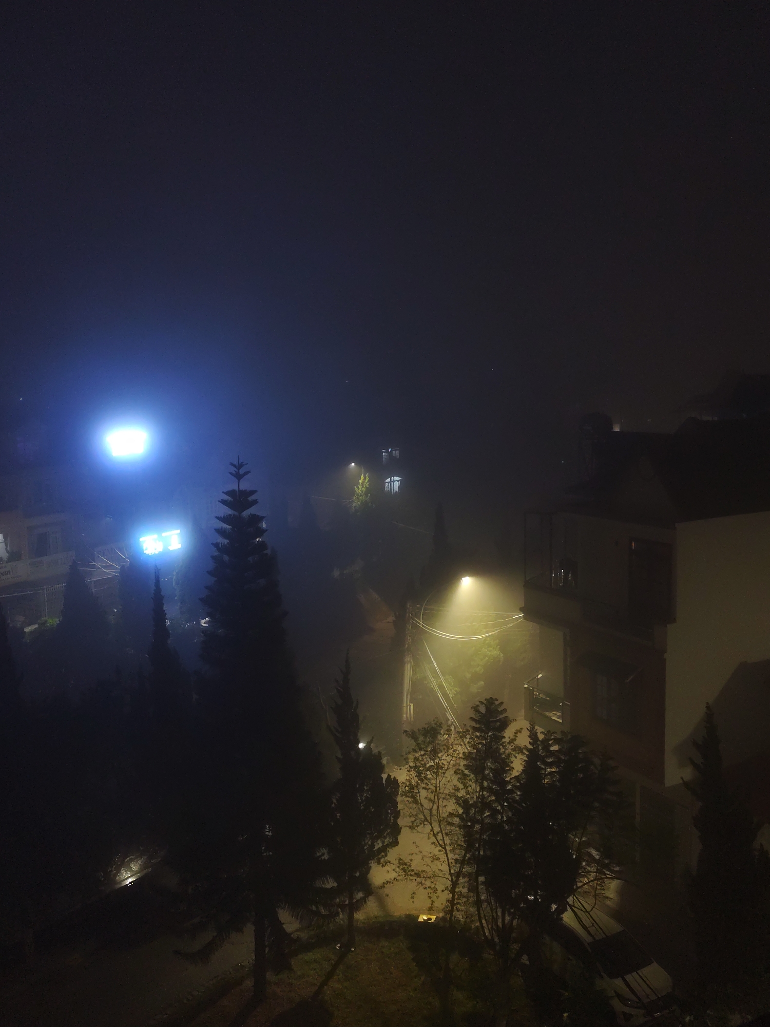 The image shows a nighttime scene in Da Lat, Vietnam. The view is from an elevated position, possibly a balcony or upper story of a building, overlooking a misty streetscape. Streetlights illuminate the fog, creating a diffuse glow. Buildings are visible on both sides of the street, some with lit windows. Evergreen trees are prominent in the foreground and along the street, their silhouettes contrasting against the foggy background. A large, bright blue light source, likely a sign, is seen in the distance on the left. Power lines are visible alongside the road. A parked car is partially visible near a house and below the street.