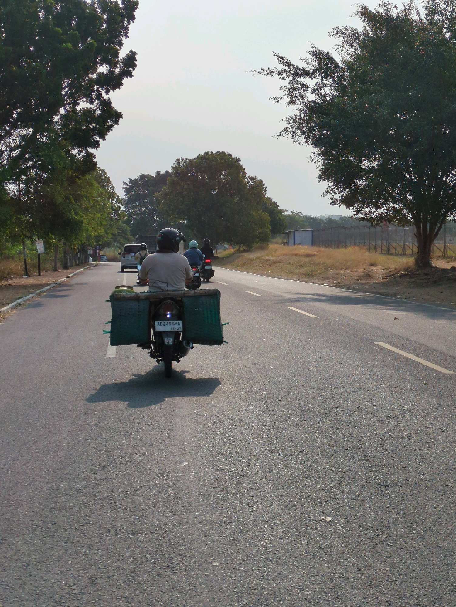 A medium shot captures a person riding a motorcycle on a two-lane asphalt road. The rider, facing away from the camera, is wearing a light-colored t-shirt and a dark helmet. The motorcycle has a large, green woven basket attached to its rear, extending outwards on both sides. The license plate is visible and reads "AD 2452 HA".
The road is lined with trees on the left side, and further down the road, there are other vehicles and motorcycles. On the right side of the road, there is a grassy embankment with a fence and some low buildings in the distance. The sky is overcast and hazy. The scene appears to be in a rural or semi-rural area of Desa Ngesrep, Indonesia, possibly during the daytime. The overall impression is that of everyday transportation and commerce in a tropical environment.