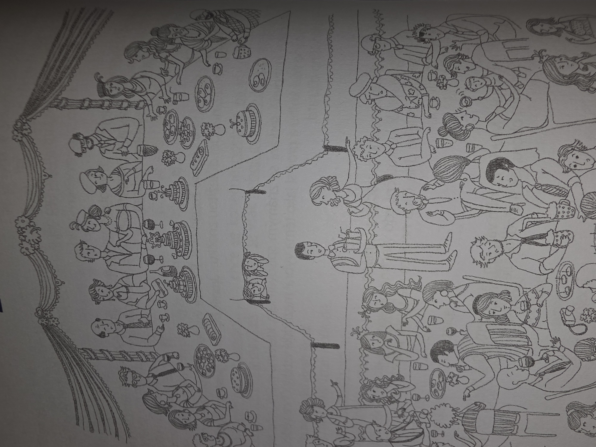 The image is a black and white line drawing depicting a lively indoor gathering, possibly a party or a wedding reception. The scene is divided into two main areas by a wavy line, suggesting separate rooms or sections.
On the left side, several tables are laden with food, including cakes, platters of food, and what appear to be drinks. People are seated around these tables, engaged in conversation and enjoying the meal. Some figures are standing, interacting with those seated. A decorative curtain drapes the left edge of this section.
The right side of the drawing shows a denser crowd of people, many of whom appear to be mingling or dancing. A central figure, a man in a suit, is standing and looking towards the crowd. This area also has various objects scattered around, suggesting a festive atmosphere.
The people in the drawing are depicted with varying hairstyles and clothing, suggesting a diverse group. Some individuals are smiling, while others have more neutral expressions, but the overall impression is one of a celebratory event. There are no visible cues for the time of day or weather, as the setting is indoors and rendered in monochrome. The drawing style is somewhat whimsical, with exaggerated features on some characters. No text is visible in the image.