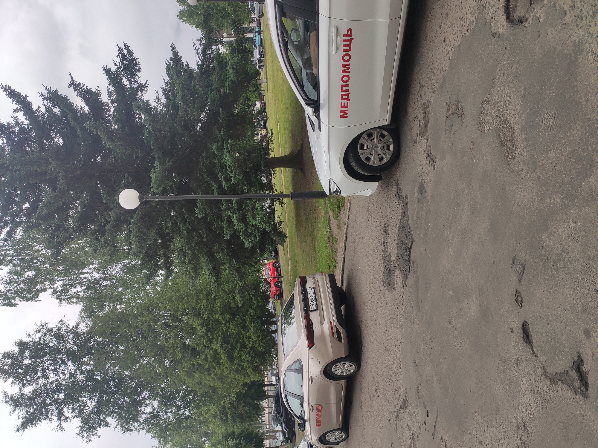 The image shows two cars parked on an asphalt road with visible potholes. One car, a beige sedan, is parked on the left side of the road and has "МЕДПОМОЩЬ" (Medical Assistance) written in red on its rear door. The license plate of this car is partially visible and appears to be "9164K 1-2". Behind the beige car, other vehicles are parked, and a red SUV is visible further in the background.
The second car, a white sedan, is parked on the right side of the road and also has "МЕДПОМОЩЬ" written in red on its side door. A person's shoulder and head are visible inside the white car.
The scene is set outdoors with a cloudy sky. Large trees with green foliage dominate the background. A lamppost is visible to the left of the beige car, and another lamppost is partially visible on the far right. The environment suggests a park or a street lined with trees in a city. The presence of the "МЕДПОМОЩЬ" markings on both vehicles indicates a medical assistance service. The location is specified as Navapolatsk, Belarus.