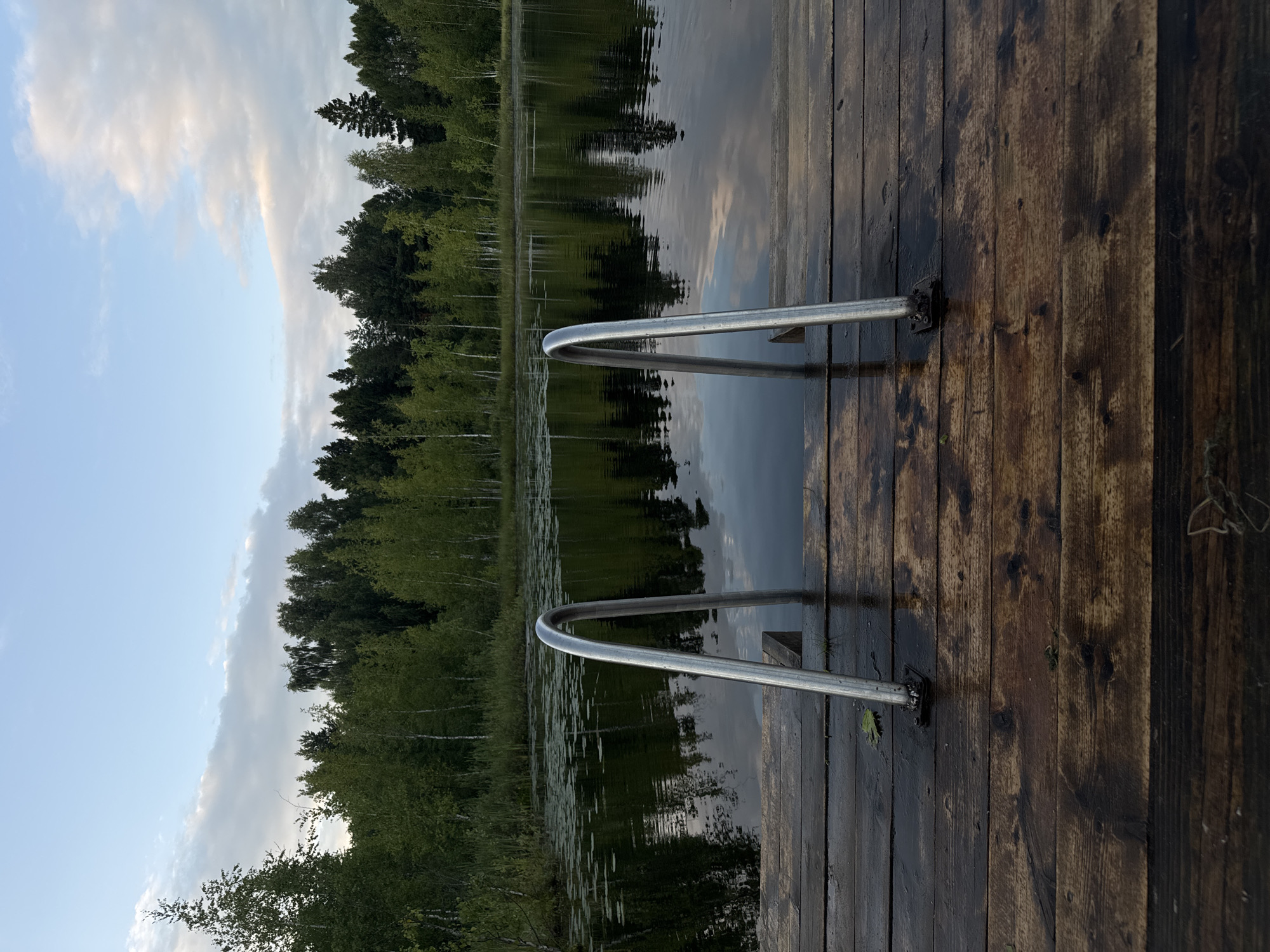 The image depicts a wooden pier extending into a calm lake, with a pair of metal ladder rungs rising from the water and resting on the pier. The pier is constructed from dark, weathered wooden planks, some of which appear wet. Two metal ladder handles are prominently featured, one on the left and one on the right, arching upwards. The lake's surface reflects the sky and the surrounding trees. The background is dominated by a dense forest of green deciduous and coniferous trees, with birches being noticeable among them. The sky above is a mix of pale blue with scattered white and light gray clouds. The overall setting suggests a serene natural environment, possibly a recreational area near a body of water. The location is identified as Pchelka, Russia.