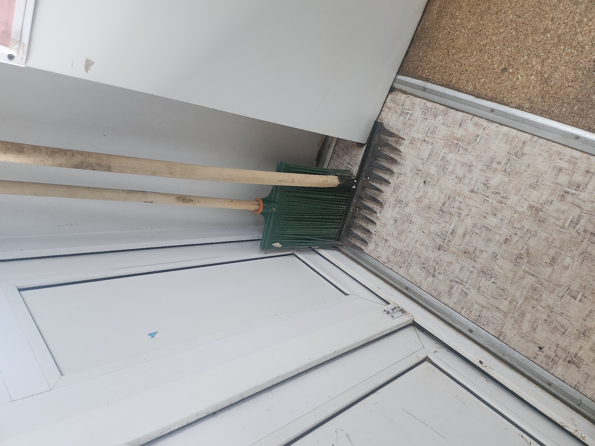 The image provides an angled, ground-level view of two cleaning or gardening tools resting against a white surface, positioned near a floor transition. In the foreground, a green broom with a light wooden handle lies next to a black rake, also featuring a wooden handle with metal tines. Both wooden handles appear aged and slightly soiled.
The tools are situated against a white panel or door in the lower left, which exhibits visible scratches and dirt marks. Above the tools, a clean white wall or partition is visible, with a small area of peeling paint near the top edge.
The floor is divided by a silver-colored metal threshold strip, secured by screws, running horizontally across the mid-ground. The flooring to the left of the strip is a light-colored material, possibly linoleum or a similar synthetic surface, with a worn or textured pattern. To the right of the threshold, the flooring transitions to a coarse, speckled, light brown material, suggesting industrial carpeting or rubber flooring.
The setting appears to be an indoor or sheltered utility space, characterized by functional elements and a utilitarian aesthetic. The lighting is bright and even, indicating daytime. No specific activity is depicted, and no text is visible within the frame. The location context is Krasnogorskoye, Russia.