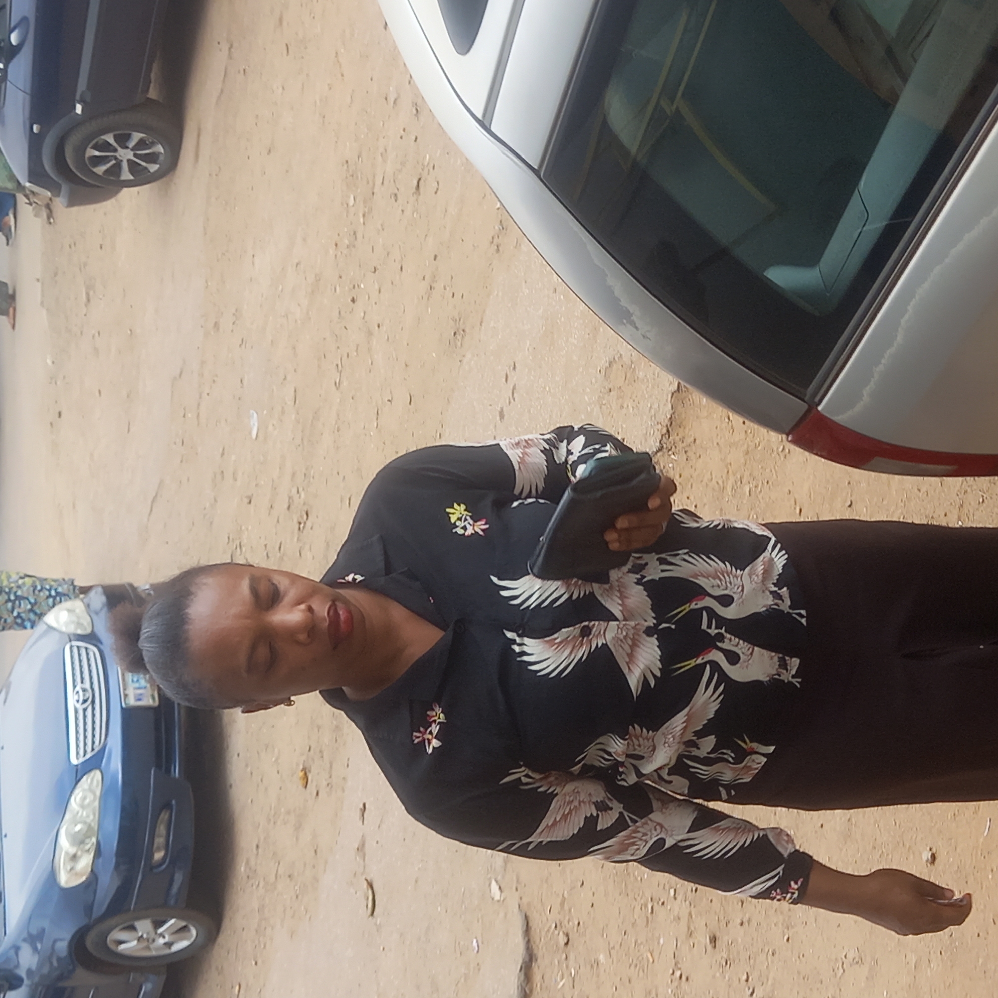 The image shows a woman standing in what appears to be a sandy, unpaved area next to two parked cars, one blue and one silver. She is wearing a black top with white bird designs, and she is holding a dark-colored wallet or small bag in her hands. Her hair is pulled back, and she seems to be looking down. Given the location information, this scene is likely in Dadi Riba, Nigeria.
