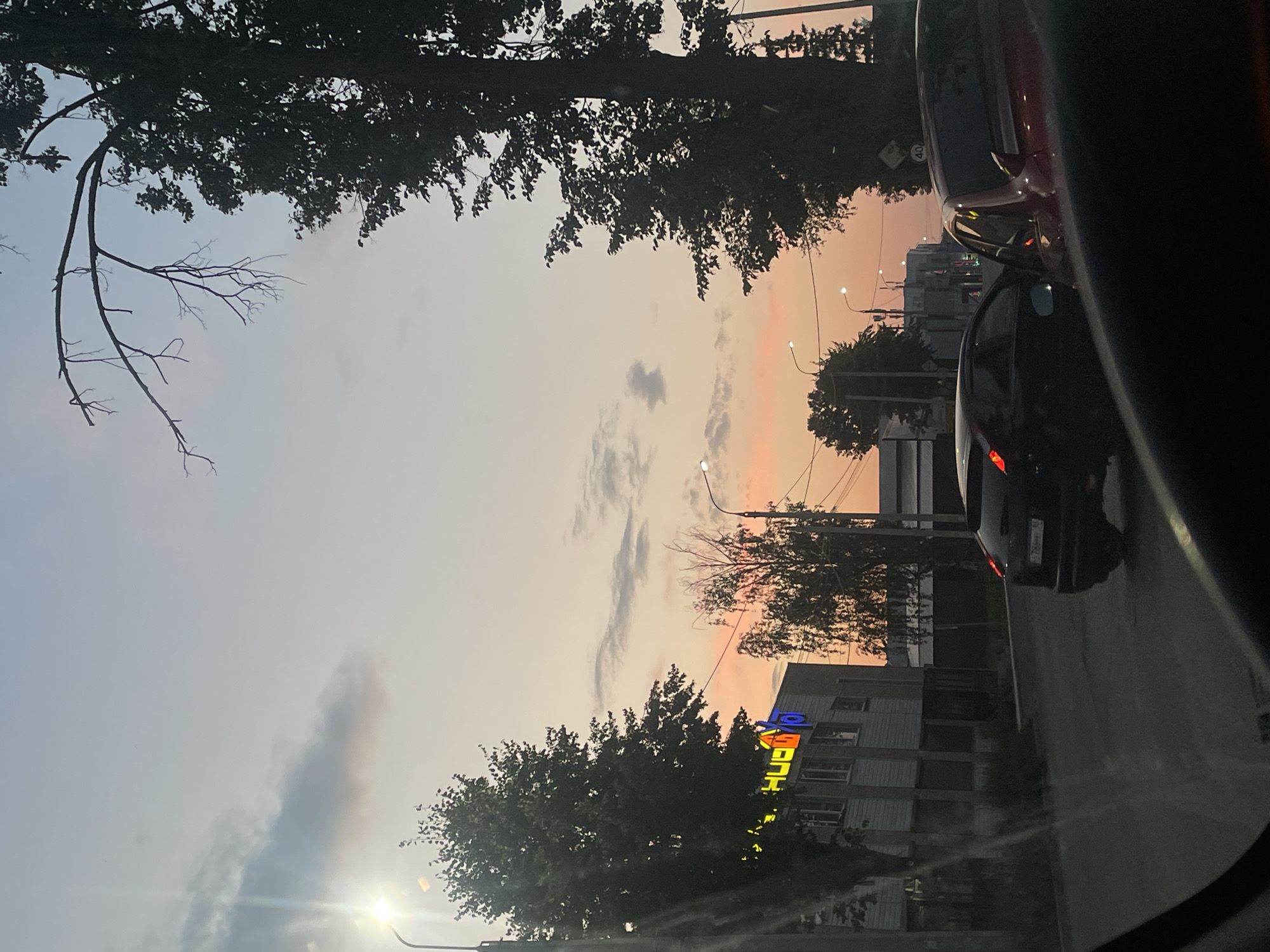 The image depicts a street scene at dusk in Votkinsk, Russia. The sky exhibits a gradient of soft pinks, oranges, and pale blues, indicative of sunset or sunrise, with scattered clouds. Silhouetted trees, some with bare branches, frame the sky. On the left side of the street, a multi-story building features a prominent sign with colorful illuminated lettering that appears to read "Хип-Хоп" (Hip-Hop). A street lamp illuminates the area near the building.
In the foreground and middle ground, several vehicles are visible on the paved road. A dark-colored hatchback is in the left lane, and a red vehicle is in the right lane. Both vehicles appear to be stationary or moving slowly. The perspective suggests the photograph was taken from inside another vehicle. The overall environment is urban, with a road, buildings, trees, and streetlights. The time of day is clearly indicated by the sky's coloration and the lighting conditions.