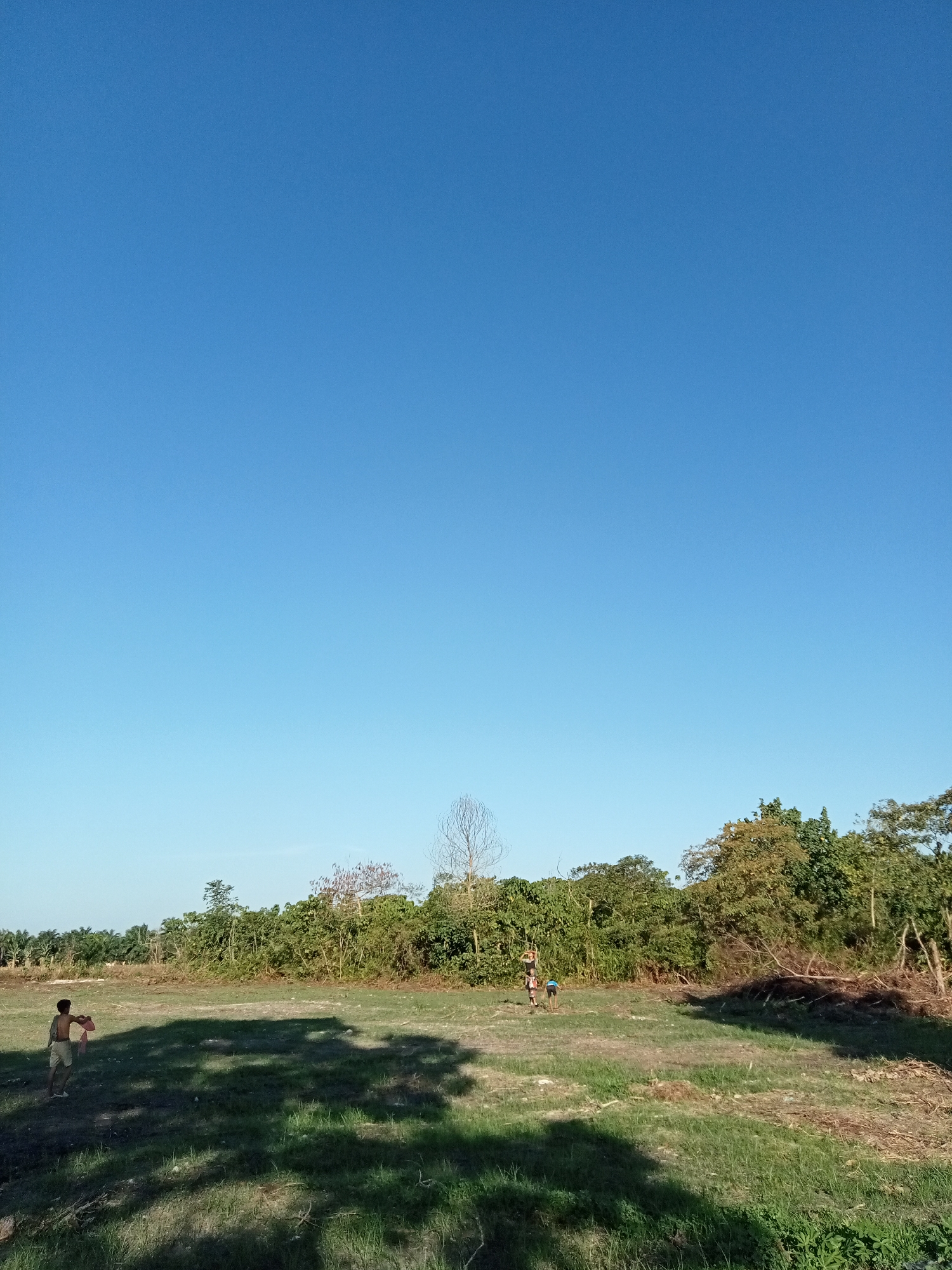 A vertical, eye-level shot captures an outdoor scene under a clear, bright blue sky. In the mid-ground, a grassy field is dotted with shadows cast by unseen trees. On the left side of the field, a young boy, clad in shorts and a sleeveless shirt, stands facing away from the camera, holding a reddish-pink cloth or object. Further into the field, to the right of the boy, two other figures, possibly children, are visible. One appears to be wearing a blue shirt and shorts, while the other is in darker clothing. The background features a dense line of trees and vegetation, with some areas showing cleared land and piles of branches and debris. The overall environment suggests a rural or semi-rural setting, consistent with locations like Kualu, Indonesia, characterized by open spaces and lush greenery.