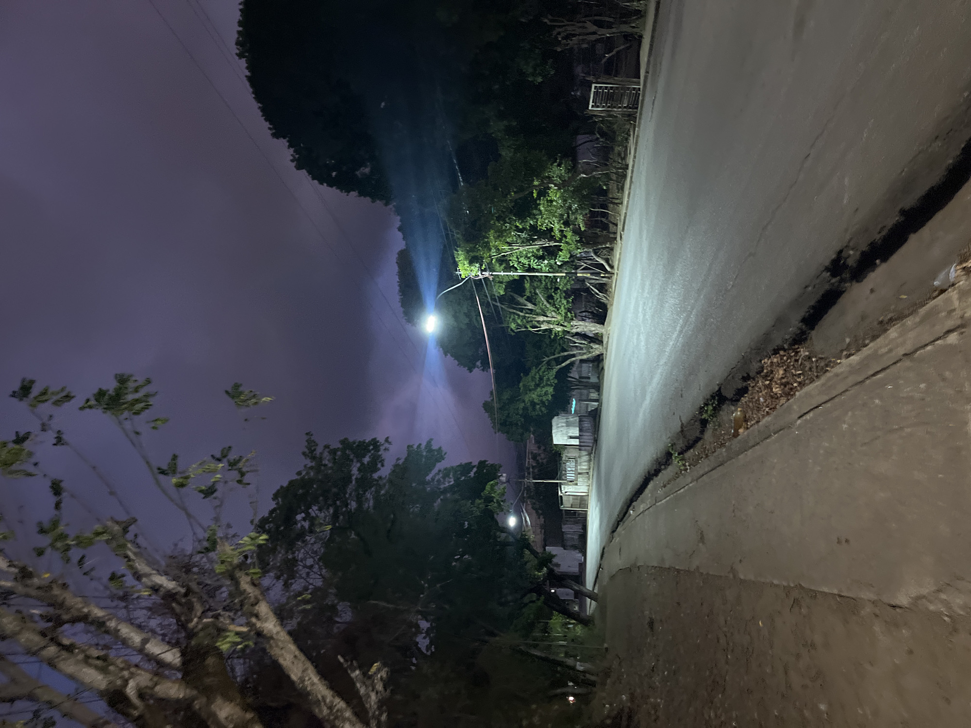 The image depicts a quiet, tree-lined street at night, likely in Santa Ana, Venezuela, given the metadata. The sky is a dark, cloudy purple, with a bright streetlamp illuminating the asphalt road and its surrounding vegetation. On the left side of the road, a dirt path and sidewalk are visible, bordered by trees with bare branches. On the right, dense foliage and more trees line the street, with some structures that appear to be houses or small buildings visible in the distance, partially obscured by the trees and darkness. The road itself is asphalt, with some visible cracks and a slight sheen from moisture or street lighting. The scene suggests a tranquil, possibly residential area, with no people or vehicles present, emphasizing the stillness of the night.