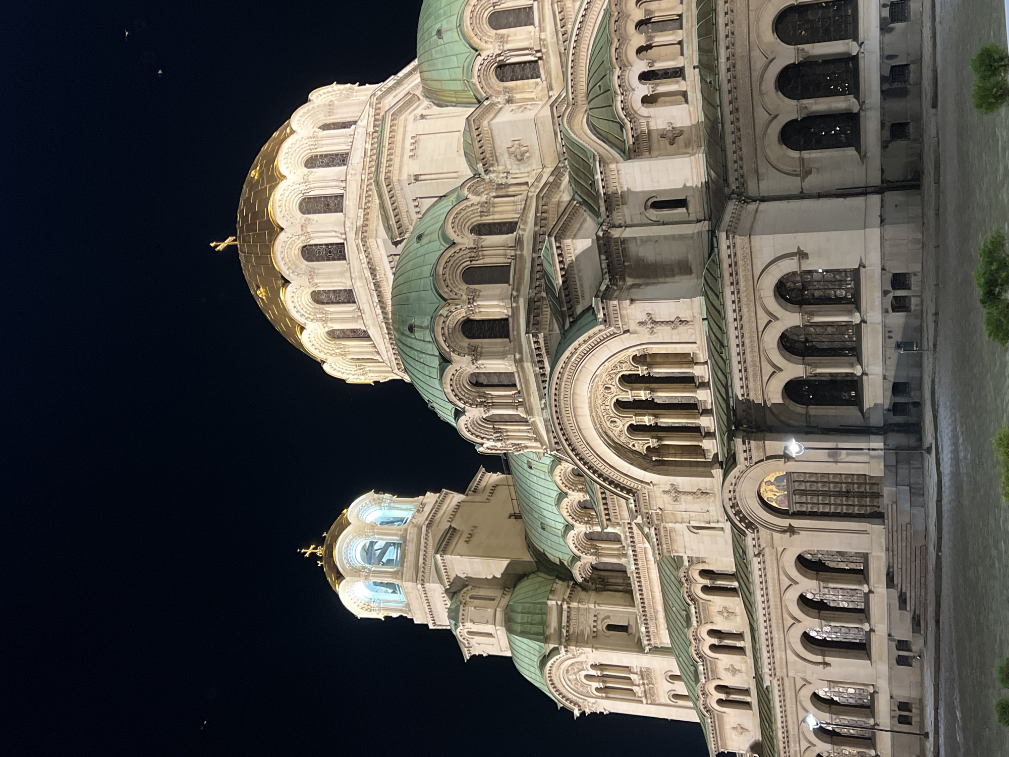 The image displays the St. Alexander Nevsky Cathedral in Sofia, Bulgaria, captured at night. The large Eastern Orthodox cathedral is centrally positioned, illuminated against a dark, clear sky. The cathedral features a prominent central golden dome, crowned with a cross, and numerous smaller domes covered in green-patinated copper, also surmounted by crosses. Its facade is constructed of light-colored stone, intricately detailed with arched windows, decorative cornices, and carved elements. A bell tower-like structure on the left side of the cathedral exhibits distinct blue internal illumination. On the ground level, a main entrance is visible, adorned with a mosaic artwork above its double doors. Two streetlights illuminate the immediate vicinity of this entrance. The foreground consists of a paved ground surface with two small, dark bushes. No individuals are present in the scene.