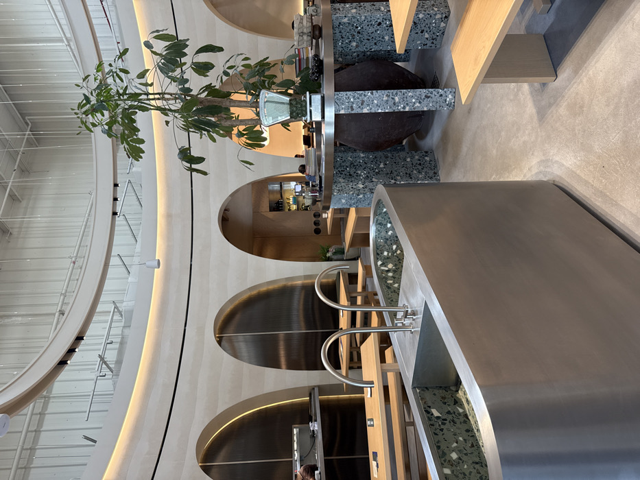 The image depicts the interior of a modern café or restaurant located in Dubai, United Arab Emirates. The scene is characterized by a blend of minimalist and industrial-chic design elements.
In the immediate foreground, a long, brushed stainless steel trough-style basin occupies the lower left, featuring a green and white speckled terrazzo interior. Two polished chrome swan-neck faucets are mounted centrally on its flat top surface.
To the left of center, several light-colored wooden communal tables are arranged with matching wooden benches. On one table, small black electronic devices are visible. Partially visible at a counter beyond these tables, on the far left, a person with dark hair, wearing a brown top, is seated, engaged with a device.
In the mid-ground, on the right side, a substantial circular table with a brushed metal top stands on three stout, columnar legs constructed from grey and white speckled terrazzo. Centered on this table is a large potted plant with broad green leaves. Additional items on the table include a small, light-colored weighing scale containing green objects and other decorative elements. Beneath the table, positioned between its legs, is a large, dark, rounded vessel resembling an amphora.
The background features a curving, light-colored wall, possibly textured plaster or rammed earth, punctuated by several large, illuminated arched doorways. Some arches are backed with vertical ribbed metal panels, while others reveal further sections of the establishment. Through an arch on the far right, a service counter with various bottles, a monitor, and dimly visible individuals is present.
The high ceiling reveals an industrial aesthetic with exposed white ceiling panels, white support beams, and numerous hanging electrical conduits and light fixtures, including small white pendant lights and track lighting. The floor is a smooth, light grey concrete or polished cement. The overall lighting is artificial, emphasizing the architectural features and material textures.