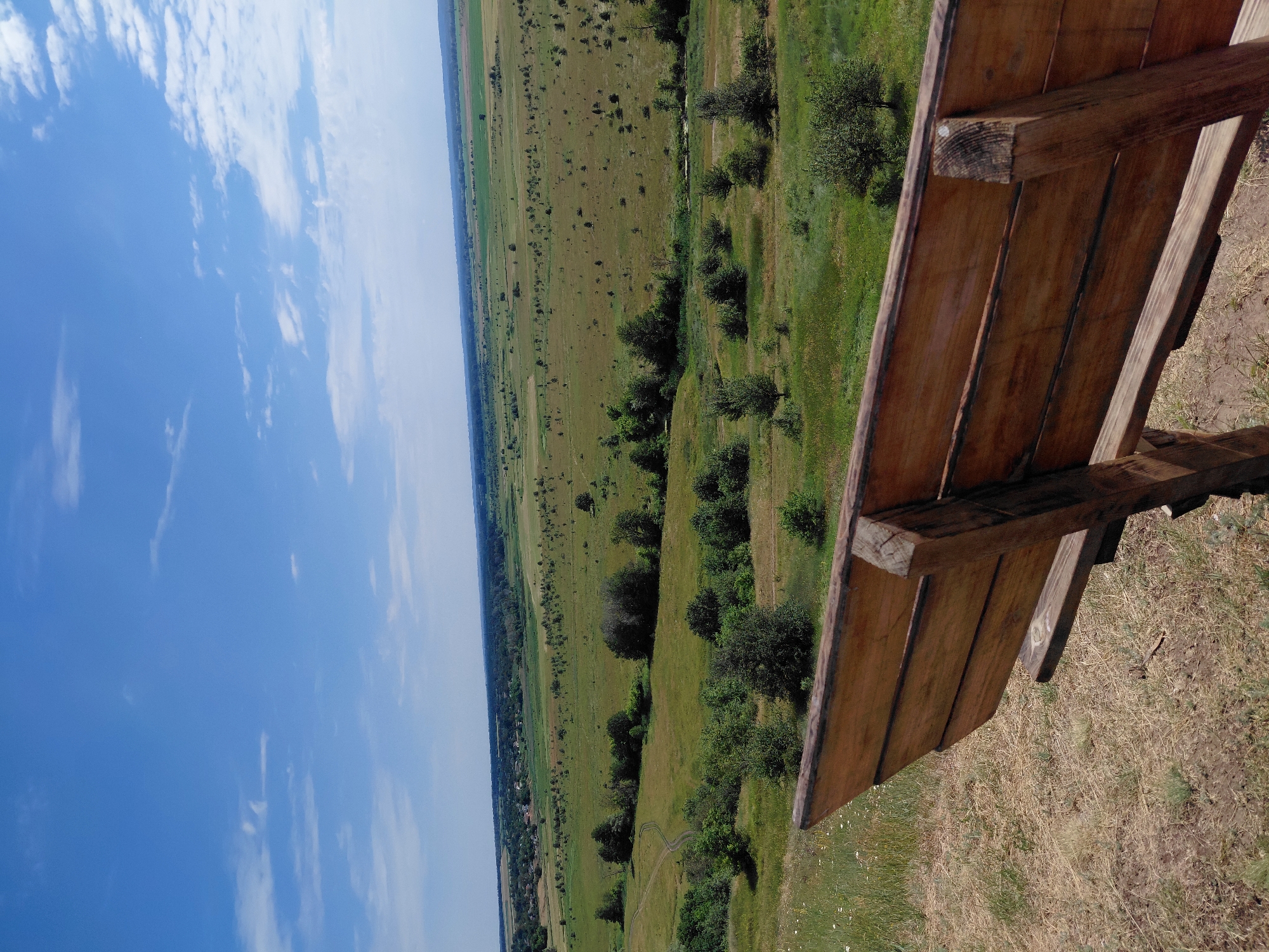 In the foreground, a weathered wooden bench faces a vast, undulating landscape of green fields and scattered trees under a bright blue sky with scattered white clouds. The bench is constructed from rough-hewn planks and appears to be made for outdoor seating. The ground in front of the bench is covered in dry, straw-like grass. Beyond the bench, the landscape stretches towards the horizon, with a small village or settlement visible in the distance on the left. A dirt path winds through the fields. The overall impression is one of a peaceful, rural setting, possibly a scenic overlook or a park.