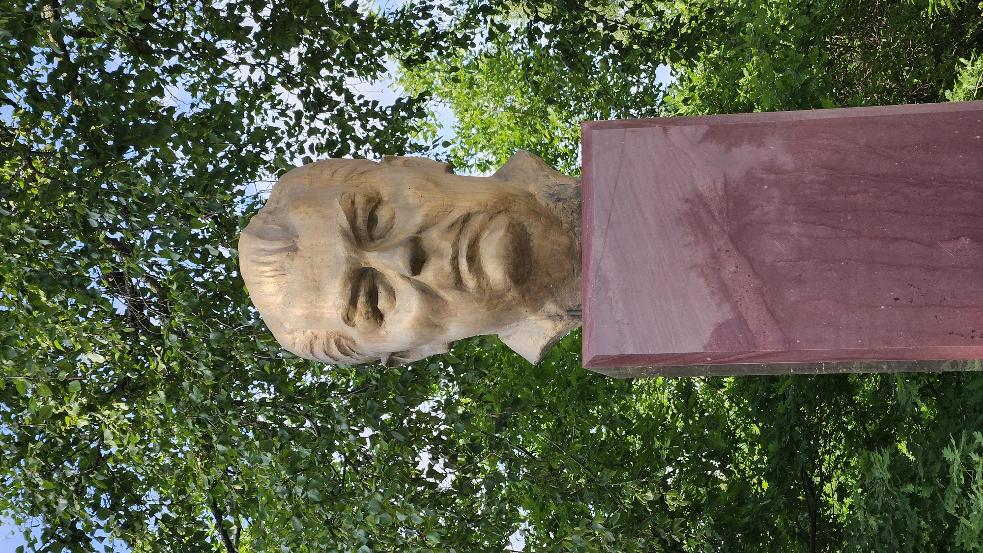 A golden bust of a man with a stern expression is mounted on a rectangular, reddish-purple stone pedestal. The bust is positioned centrally in the frame, with the top of the head and shoulders visible. The man has dark hair, a prominent forehead, deep-set eyes, and a strong jawline. His mouth is set in a grimace. Behind the bust and pedestal, lush green trees with dense foliage fill the background, with glimpses of the blue sky peeking through the leaves. The scene appears to be outdoors, possibly in a park or public square.