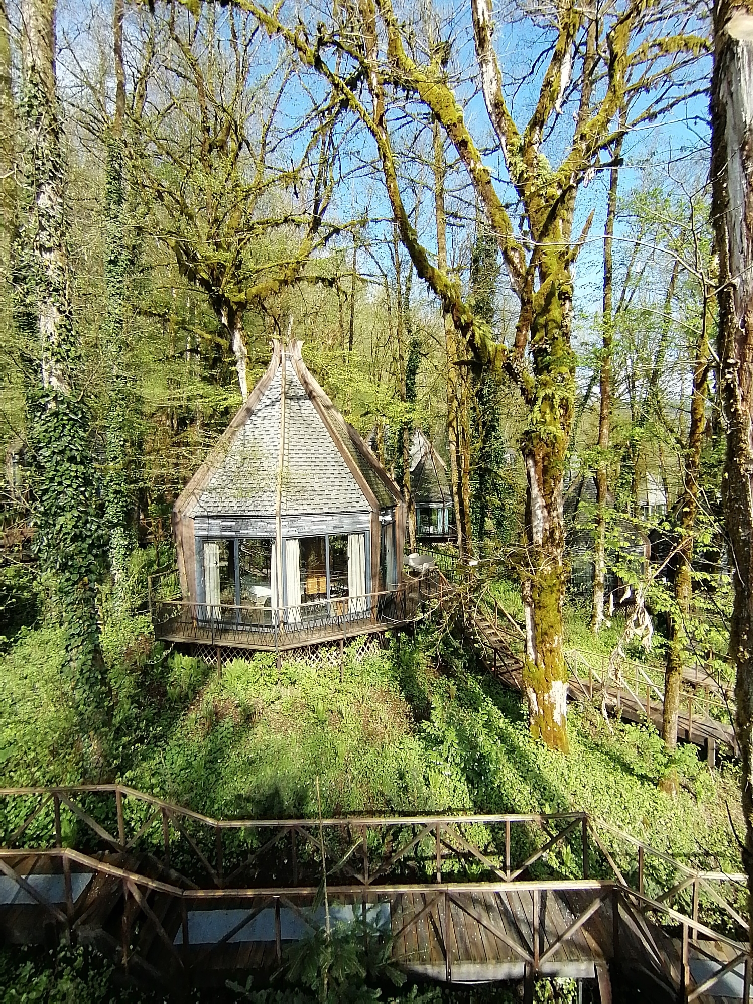 The image captures a serene, lush forest setting featuring distinctive, elevated cabins connected by wooden pathways and stairs. In the foreground, a unique, conical-roofed cabin stands prominently on a raised platform. Its roof is covered with grey shingles, and its facade features large glass windows, some with light-colored curtains drawn inside, suggesting an interior view. A wooden balcony with a decorative railing encircles the cabin, overlooking the dense green undergrowth.
The forest is abundant with trees, many of which are covered in vibrant green moss and creeping ivy, particularly noticeable on the thicker trunks and branches. The foliage is a mix of bright spring greens and some bare branches, indicating either early spring or a forest type with seasonal leaf loss. Patches of clear blue sky are visible through the canopy, suggesting a bright and sunny day.
Several other similar cabins are partially visible deeper within the woods, nestled amongst the trees, hinting at a larger resort or nature retreat. Intricate wooden walkways and stairs wind their way through the sloping terrain, providing access to these structures and integrating them into the natural landscape. No people are visible, emphasizing the tranquil and secluded atmosphere. The scene evokes a sense of peaceful immersion in nature. No text is visible in the image.