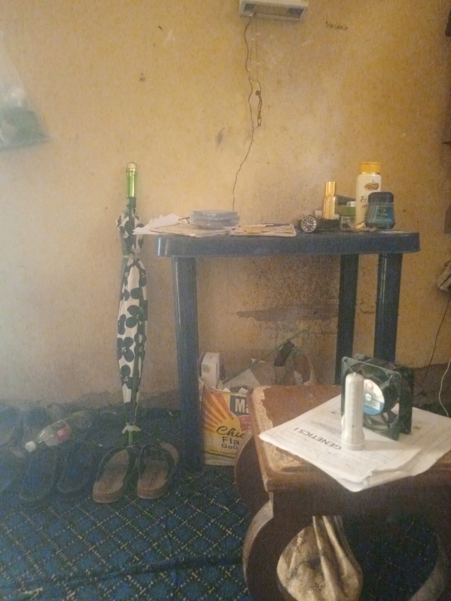 The image depicts an indoor scene, likely a living space, with a yellow-hued, textured wall as the backdrop. In the foreground, a blue patterned carpet covers the floor. To the left, a closed floral umbrella with a green handle leans against the wall. On the floor near the umbrella, a pair of brown flip-flops and a plastic bottle are visible.
A dark blue plastic table stands in the mid-ground, supporting various items. These include a wristwatch, a small gold-colored bottle, a white bottle with a yellow cap, and a blue container. Behind the table, a box with the letter "M" and some text is partially visible.
In the right mid-ground, a small, wooden table holds a stack of papers, on top of which rests a white cylindrical object and a small black fan. The overall impression is of a cluttered, lived-in space. There are no people present in the image. The environment does not provide any specific visual cues to pinpoint the location within Jalingo, Nigeria, beyond it being an interior.