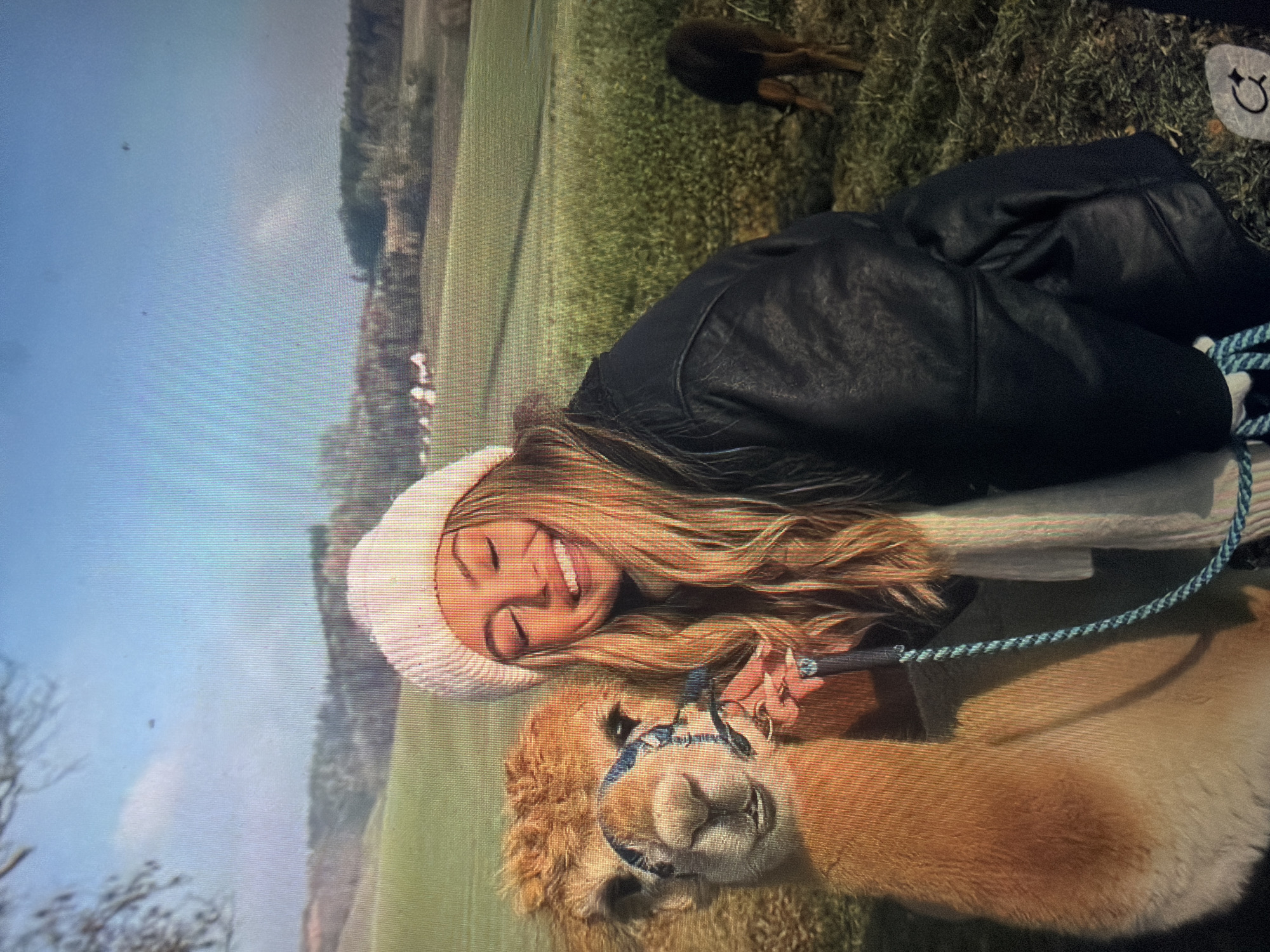 An outdoor scene in Shumen, Bulgaria, depicts an adult female posing with an alpaca in a rural landscape. The woman, with long blonde hair and a light pink knitted beanie, wears a black jacket and smiles with closed eyes. Her right hand (viewer's left) holds a blue and black braided leash attached to a blue and black patterned halter on the alpaca. The alpaca, positioned to the left of the woman, is light brown and tan, facing forward with its mouth slightly open. The background features rolling green fields, distant trees, and scattered light-colored houses. A small, dark, quadrupedal animal is visible grazing in the far right background. A white, flat object with a dark symbol (resembling an alpha symbol or stylized 'A' with a star) rests on the ground in the bottom right corner. The sky is clear blue with minimal cloud cover.