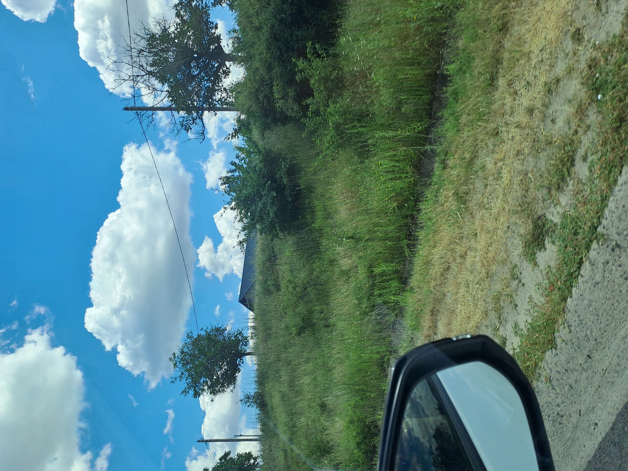 A side view captured from a vehicle shows a bright, sunny day with a vivid blue sky dotted with fluffy white clouds. The scene is dominated by a grassy incline covered in lush green vegetation, interspersed with dry, yellow grass and patches of bare earth. A dark-colored side mirror is prominently featured in the foreground, reflecting the sky and surrounding greenery. In the mid-ground, several trees of varying sizes and foliage density are visible, with a building with a dark, sloped roof situated on top of the hill. A utility pole with wires stretches across the upper portion of the image, contributing to the rural or semi-rural ambiance. The image depicts a landscape in or near Budești, Moldova.
