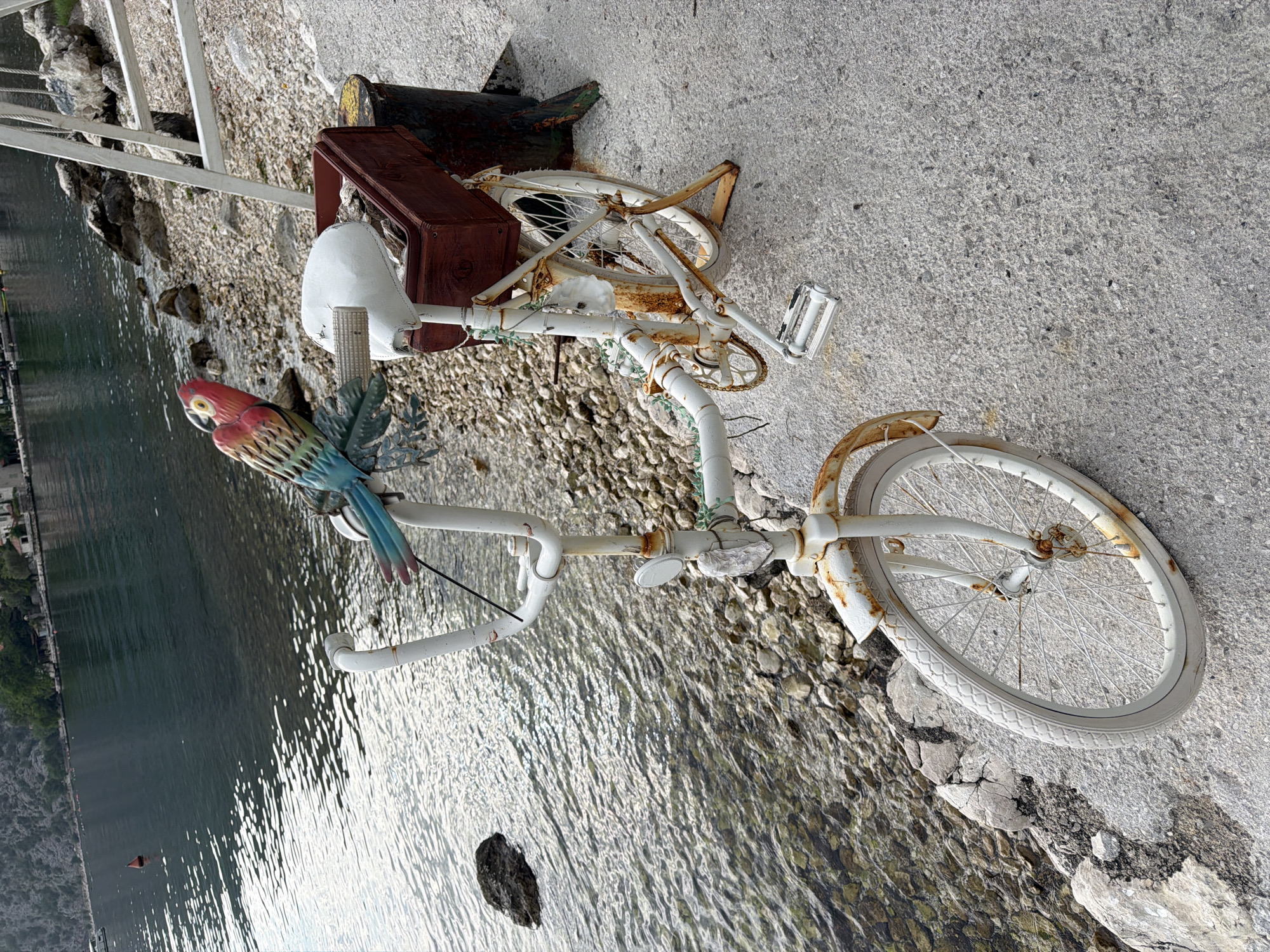 A white, rusty bicycle is parked on the shore of the sea in Donji Orahovac, Montenegro. The bicycle is adorned with a colorful, parrot-shaped decoration on its handlebars. A wooden box and other items are attached to the rear of the bike. The bike is situated on a rough concrete surface that transitions to small stones and pebbles near the water's edge. The sea, calm with slight ripples, extends into the background. Mountains are visible in the distance.