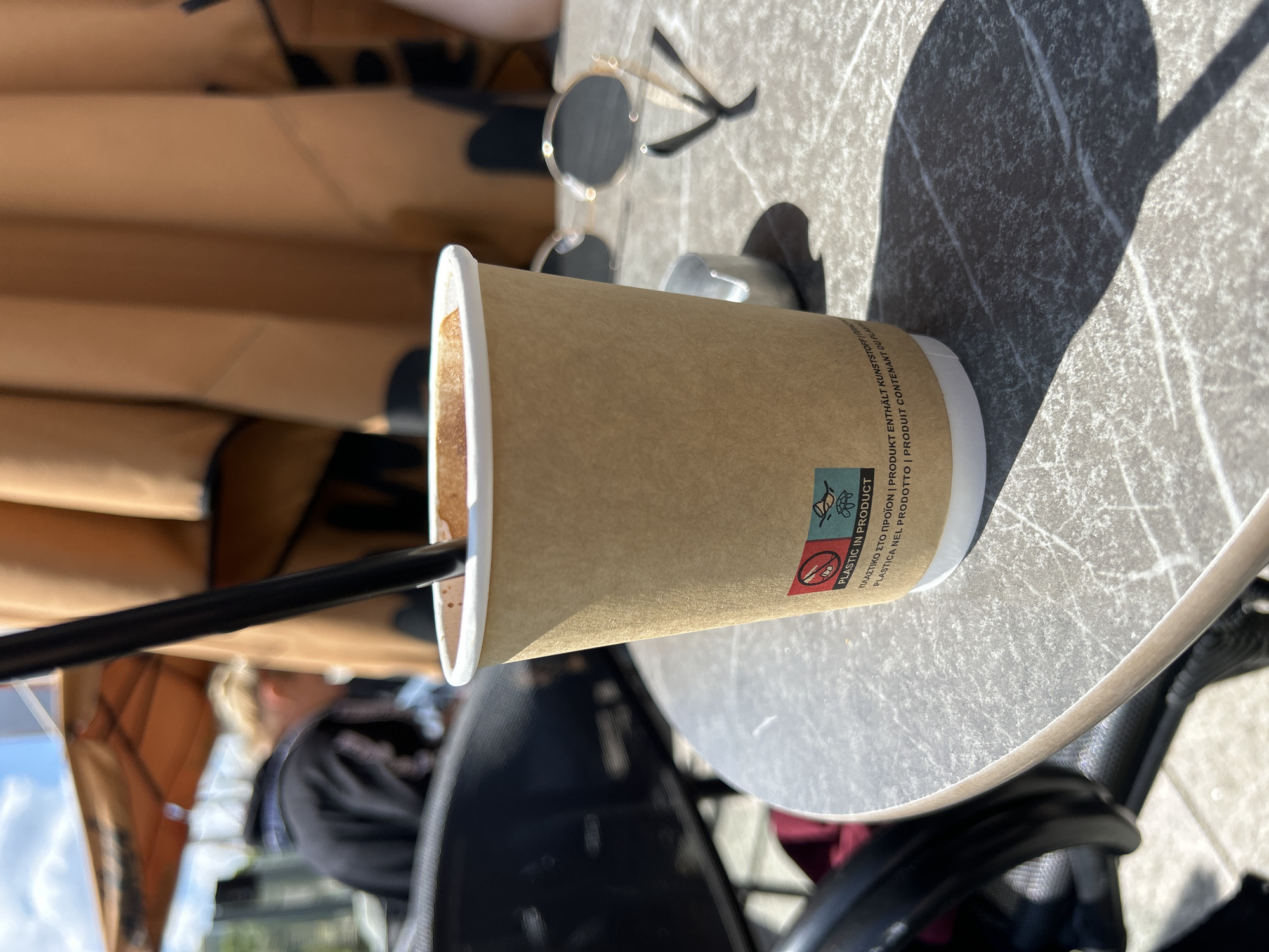 The scene presents a coffee cup on a round, gray table, likely situated at an outdoor cafe. A black straw protrudes from the cup. Nearby, a pair of sunglasses rests on the table's surface, and part of a chair is visible around the table. In the background, the edge of a brown umbrella canopy can be seen. A person is vaguely visible in the distance. The image's location is likely in Sofia, Bulgaria, based on the OCR reading of Greek and German.