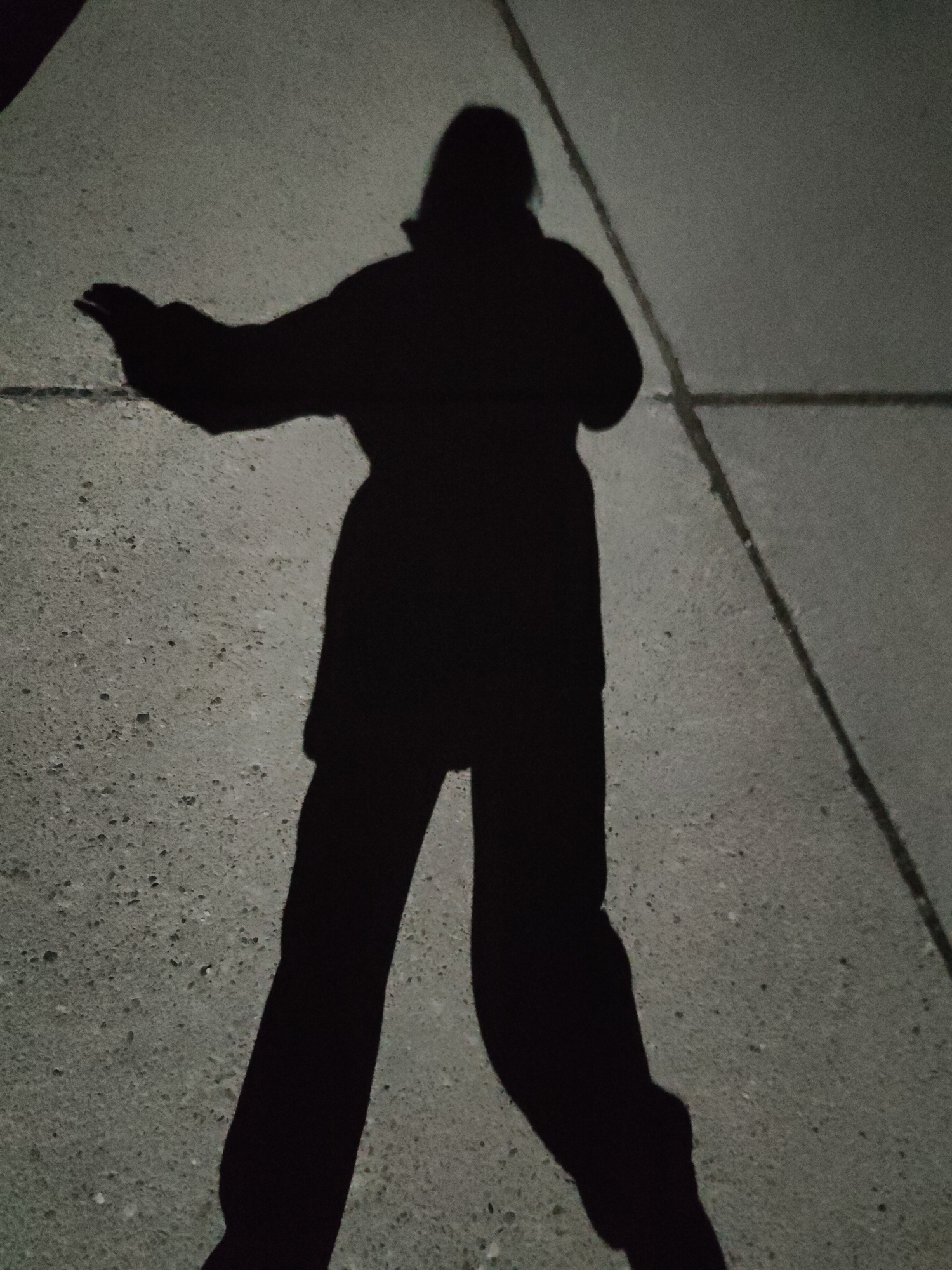 A solitary, well-defined shadow of a person is cast upon a concrete surface. The shadow is dark and distinct, occupying the central and lower portions of the frame. The person appears to be wearing loose-fitting clothing, possibly a jacket or coat, and trousers. One arm is extended outwards to the left, slightly bent at the elbow, while the other arm is less visible, held closer to the body. The head of the shadow is rounded, suggesting a hood or a specific hairstyle.
The scene is set outdoors, likely at night or in very low light conditions, as indicated by the sharp contrast between the dark shadow and the illuminated ground. The light source appears to be directly behind the person, casting the shadow forward onto the pavement. The ground is a light gray, textured concrete or asphalt, with visible grains and small indentations. Several straight lines, indicative of seams or divisions in paving slabs, traverse the ground. One prominent diagonal line runs from the upper right towards the lower middle, and another horizontal line is visible in the upper right quadrant. No other objects or people are discernible, and there is no visible text. The overall impression is one of stark simplicity, focusing solely on the interplay of light, shadow, and ground texture.