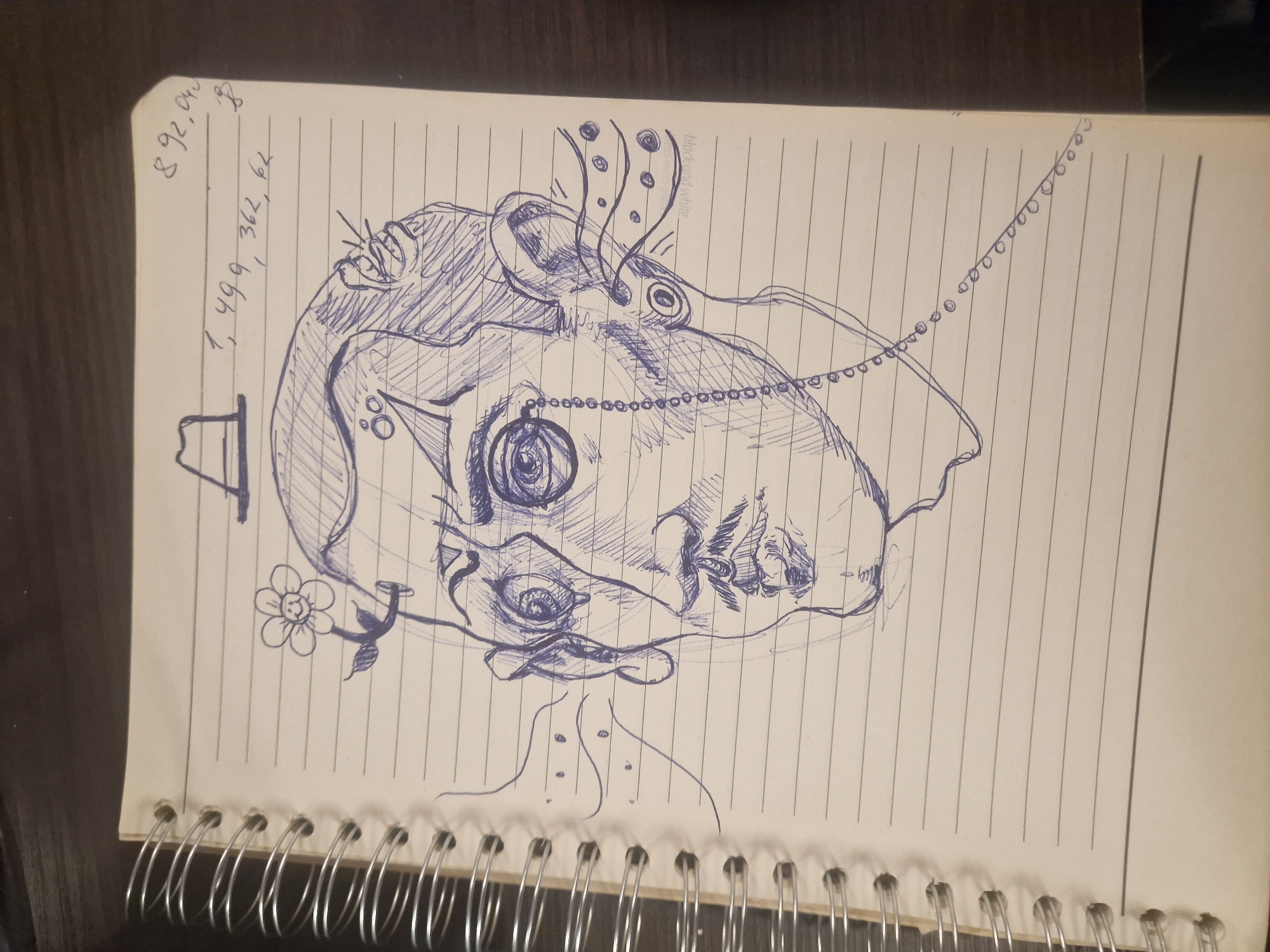 A blue pen drawing of a surreal, abstract creature or head occupies the right page of a spiral-bound notebook with lined paper. The notebook lies on a dark, possibly wooden, surface.
The central subject of the drawing is a distorted head, featuring multiple eyes; some are large with concentric circles and pupils, while others are smaller or spiraled. The head has an elongated ear-like structure from which several bubble-like shapes emanate, suggesting smoke or thought. A string of beads loops over the top of the head. Near the top left of the drawing, a small hat resembling an inverted pot is depicted. Towards the bottom left, a cartoonish flower with a smiley face is drawn. The neck of the figure extends downwards with a few dots. The artist used various pen strokes, including cross-hatching and scribbling, to add texture and shading.
In the top left corner of the notebook page, handwritten numbers are visible: "892,040" and below it "1,499,362,62," with an isolated "8" nearby. Faintly visible through the paper in the top right, some printed text includes "black and white" and "creative."