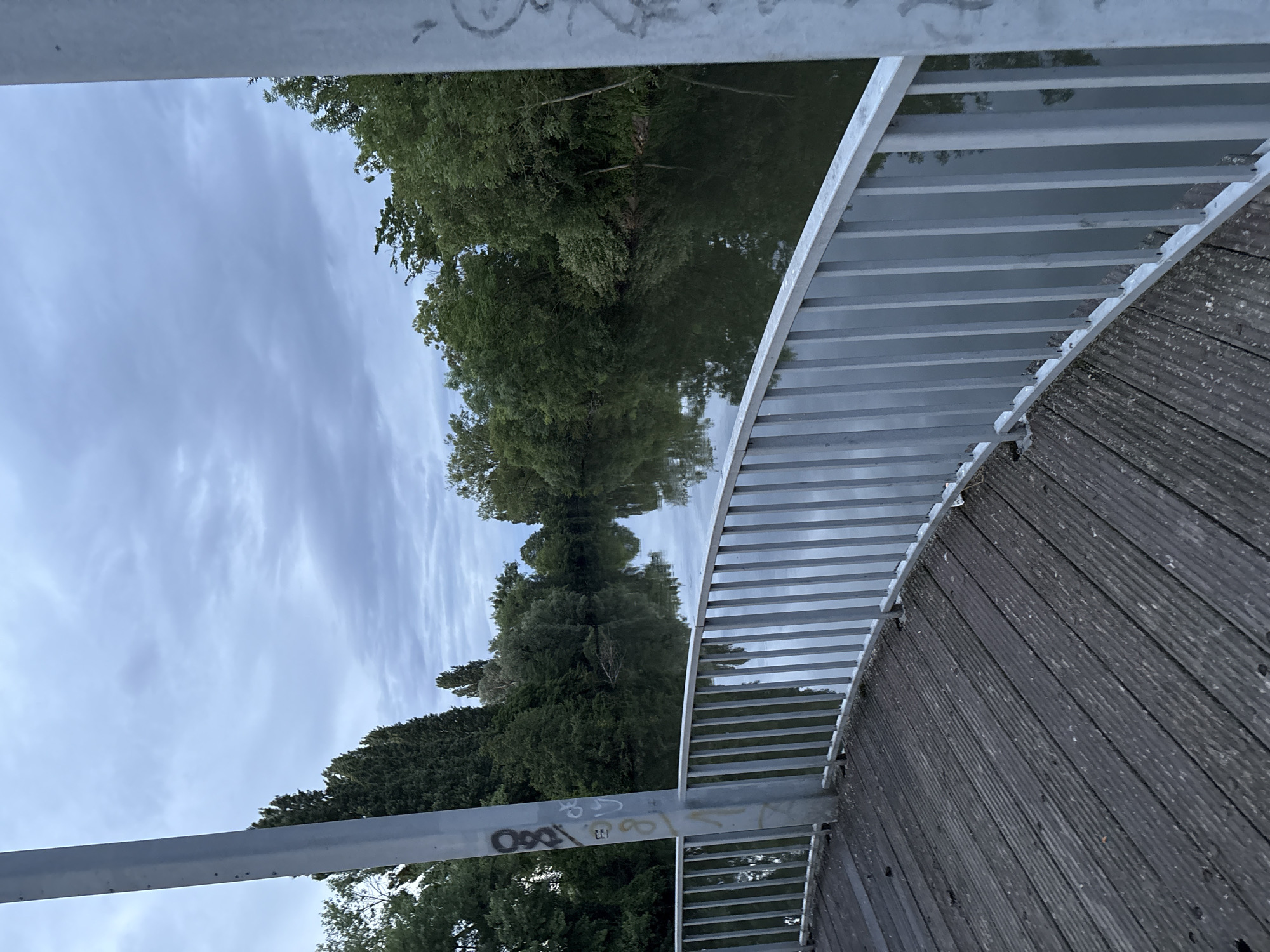 The image presents a view from a bridge or elevated structure, potentially in an urban or suburban setting given the presence of trees and the manufactured structure. The perspective is from above, looking down at the bridge railing and the landscape beyond. The bridge features a metal railing and a wooden walkway composed of planks. The landscape consists of trees and what appears to be a body of water, reflected in the water. There are no people visible in the image. Graffiti adorns one of the metal beams. The sky is overcast, suggesting cloudy weather. The location in the city of Unknown, Unknown. is an inference based on the instructions provided.