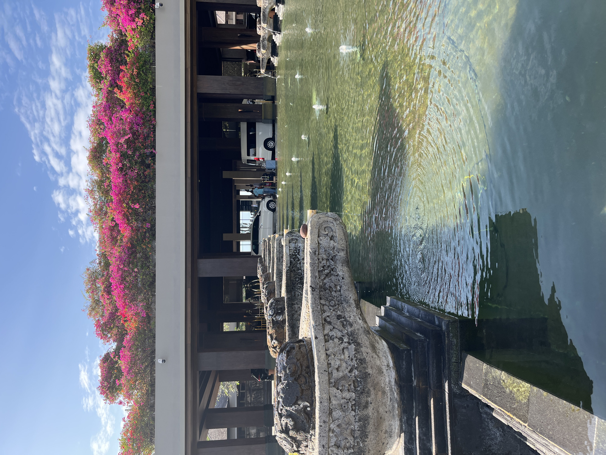 The image depicts a serene outdoor scene in Kuta Selatan, Indonesia, likely at a resort or hotel. In the foreground, a large, ornate stone fountain features carved details and is partially submerged in clear, shallow water. Small fountains intermittently spray water into the pool. Behind the fountain, a covered walkway with dark wooden pillars leads to the entrance of a building. The building's roof is adorned with a vibrant display of pink and red bougainvillea flowers, creating a striking contrast against the blue sky dotted with wispy clouds. Several vehicles, including a white van and a car, are parked under the walkway, suggesting a pick-up or drop-off area. Two individuals are visible near the vehicles, one appearing to interact with a person from the hotel. Luggage carts are also present, indicating guests arriving or departing. The overall atmosphere is peaceful and tropical, with the lush flowers and water features contributing to the inviting ambiance.