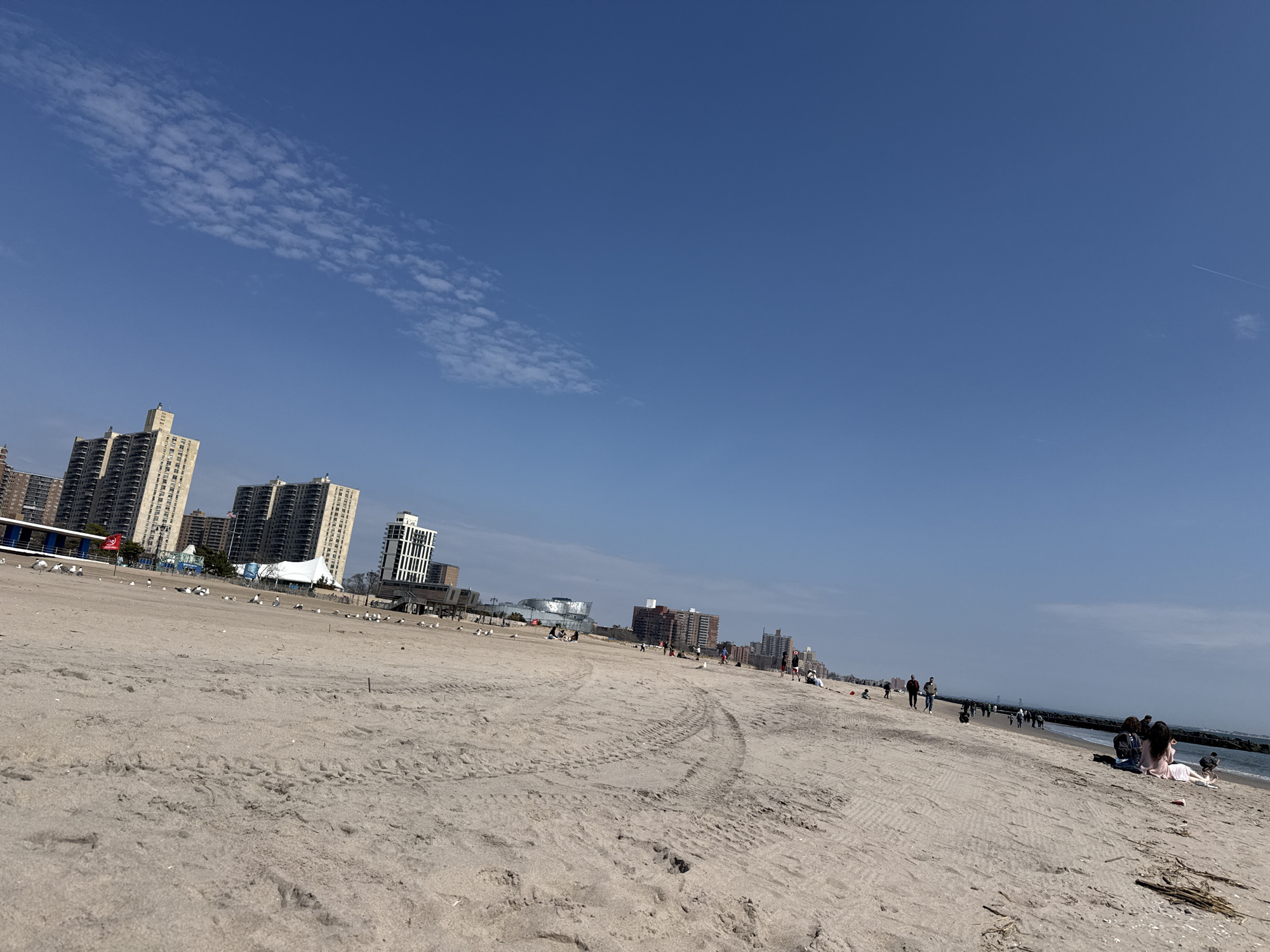 The image depicts a beach scene with a wide expanse of sandy shore under a clear blue sky with scattered clouds. The scene shows multiple high-rise buildings in the background, and a number of people are engaging in various activities, such as walking along the shore, sitting and relaxing by the water, and seagulls flying nearby. Tire tracks are visible in the sand, suggesting vehicle activity on the beach. The location is likely Coney Island Beach in Brooklyn, New York City.