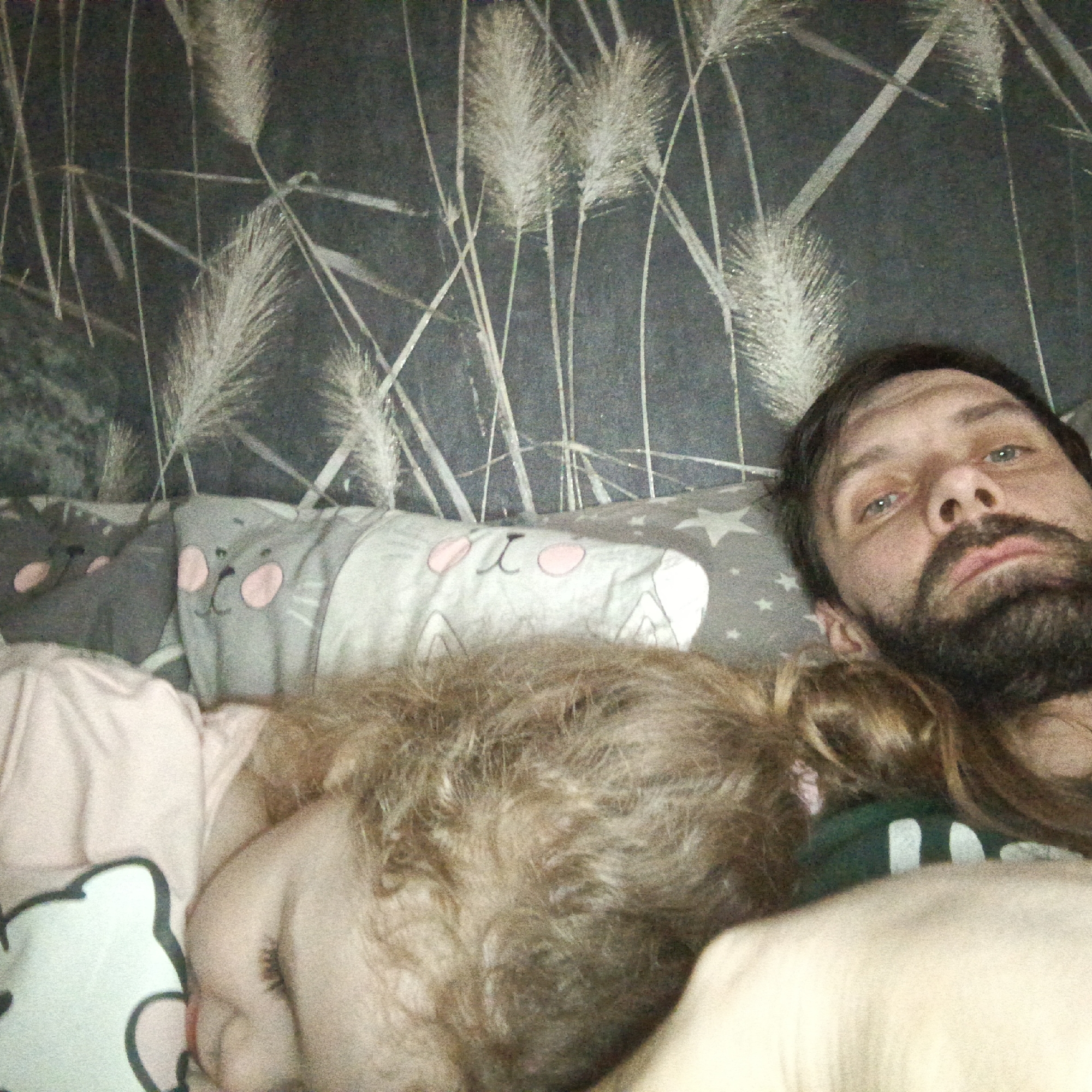 This intimate, low-light photograph captures a man and a child resting together, likely indoors. The man, with a beard and dark hair, is visible from the chest up, looking directly at the camera with blue-green eyes. His head rests on a grey pillow decorated with white stars. Beside him, a young child with curly, reddish-brown hair is peacefully asleep, mostly seen from behind, wearing a light pink top.
The setting appears to be a bedroom. The background features dark wallpaper adorned with a distinctive pattern of light-colored, feathery reeds or pampas grass stalks. Two soft pillows, one dark grey and one light grey, each decorated with cartoon cat faces featuring pink noses and cheeks, are visible between the man and the sleeping child. The child's light pink top has a white character outline on it, though specific details are unclear.
The soft, dim lighting suggests either nighttime or a deeply shaded indoor environment, reinforcing a sense of quiet and rest. The overall mood of the image is calm and personal. There is no discernible text visible within the frame. The scene likely takes place in a home in Марковский, Russia.