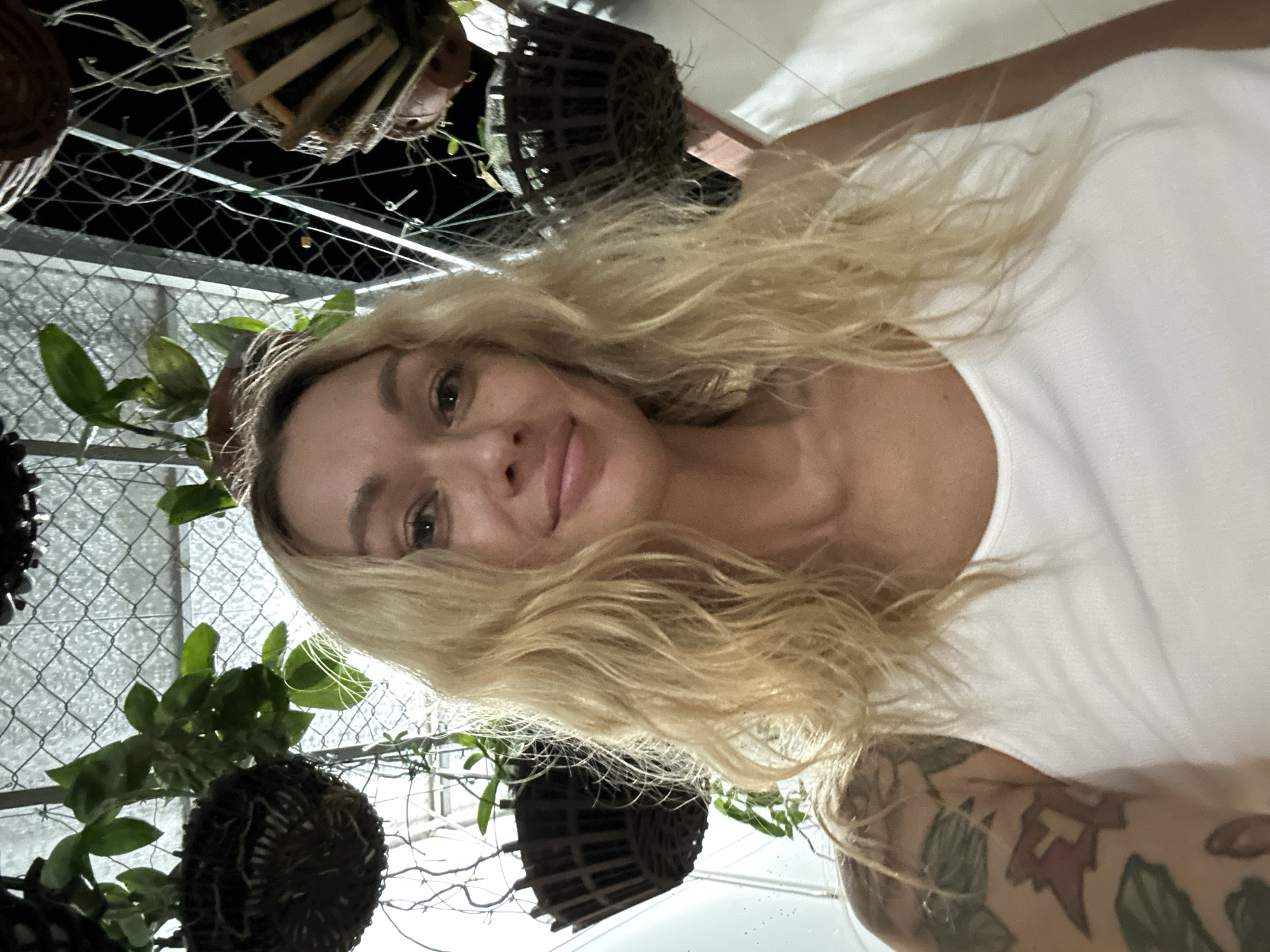 An adult female with long, wavy blonde hair and a slight smile is captured in a selfie, looking directly at the camera. She wears a white sleeveless tank top, revealing a multi-colored tattoo on her upper left arm. The background features an overhead structure composed of metal mesh or netting, from which multiple plants are suspended in various hanging baskets. The baskets vary in construction, with some appearing to be woven wood or coir, and others made of dark plastic or wire. Green foliage and visible roots are present in the planters. The scene is illuminated by mixed lighting, highlighting the subject while the background transitions from brighter areas, possibly from artificial light or reflections, to darker, suggesting an outdoor or semi-enclosed space during evening hours. The setting is located in Phu Thuy Ward, Vietnam.