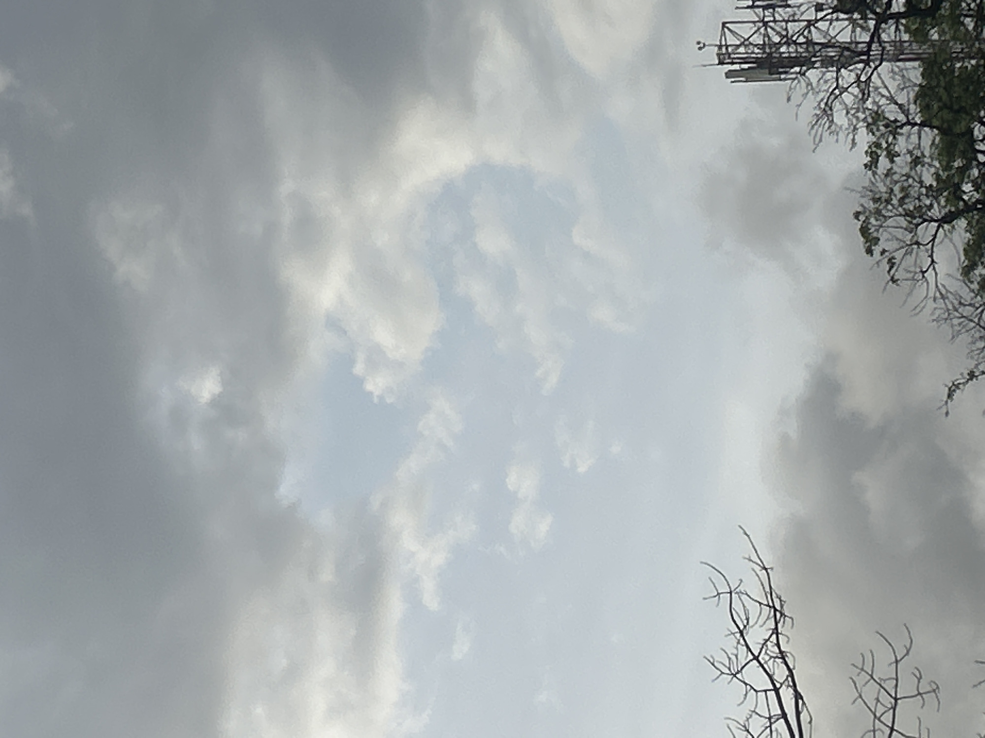 The image shows a cloudy sky with some trees and a telecommunications tower visible in the foreground. The sky is overcast with grey and white clouds. The trees in the foreground are bare branches, suggesting it might be winter or a dry season. The telecommunications tower is a tall, lattice structure. The scene appears to be outdoors. There is no specific indication of the location within Santa Ana, Venezuela.