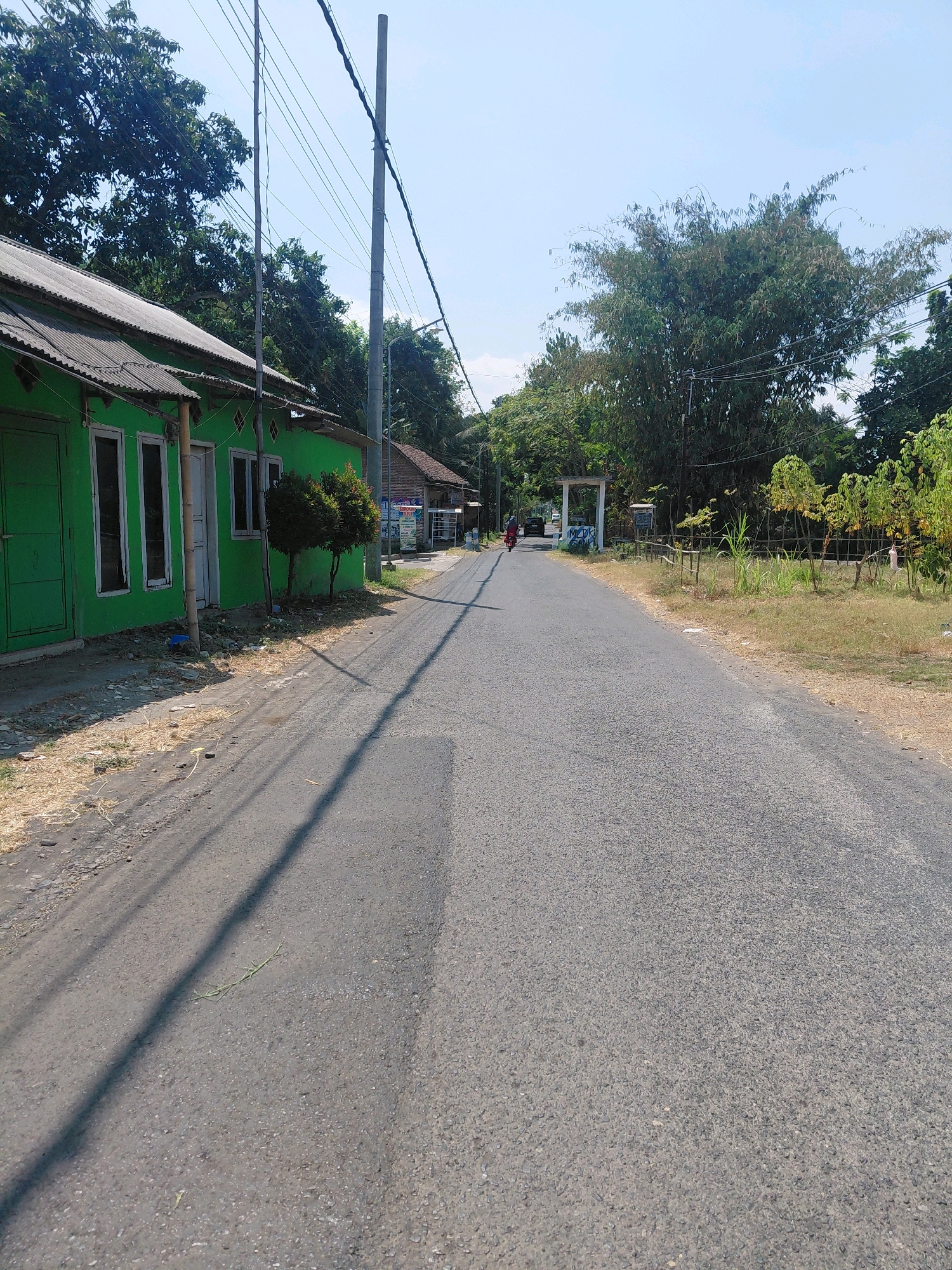 This image depicts a road scene in Alas Kandang, Indonesia. The foreground is dominated by an asphalt road stretching into the distance, with a shadow cast by overhead power lines. To the left, a bright green building with a corrugated metal roof is visible, featuring several windows and a doorway. Adjacent to the building, two small, conical trees stand on dry, grassy ground littered with some debris.
Further down the road, a person on a motorcycle is seen in the middle distance, heading away from the camera. On the right side of the road, the terrain is covered in dry grass and some sparse vegetation, with a few spindly trees. In the background, a white archway is visible, and beyond that, more trees and buildings can be seen, suggesting a rural or semi-rural environment. The sky is clear and blue, indicating a sunny day. The overall impression is one of a quiet, sun-drenched road in a residential area.