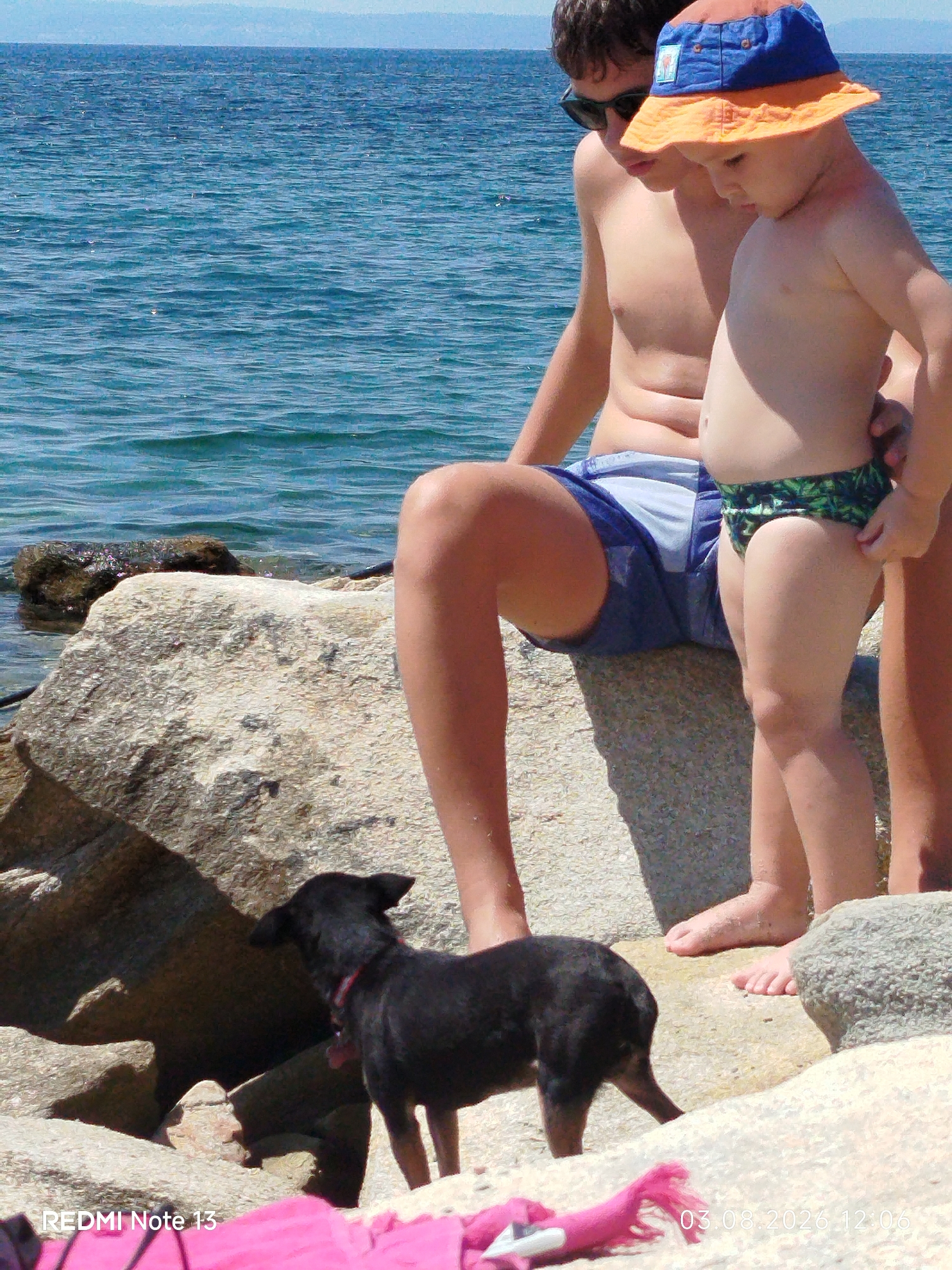 The image depicts two young boys and a small black dog on a rocky beach. The older boy, seated on a rock, wears sunglasses and blue swim trunks. The younger boy stands beside him, wearing a blue and orange sun hat and green and black patterned swim trunks. The dog, with a red collar, is facing away from the camera and appears to be looking at something on the rocks. The background shows the blue sea and a hazy coastline with hills in the distance. The environment is a sunny outdoor setting with scattered rocks and sand. The overall scene suggests a leisurely day at the beach in Sithonia Municipal Unit, Greece.